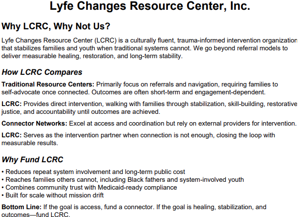 Document outlining the Lyfe Changes Resource Center, Inc., explaining its mission, comparison with traditional resource centers, and reasons to fund LCRC.