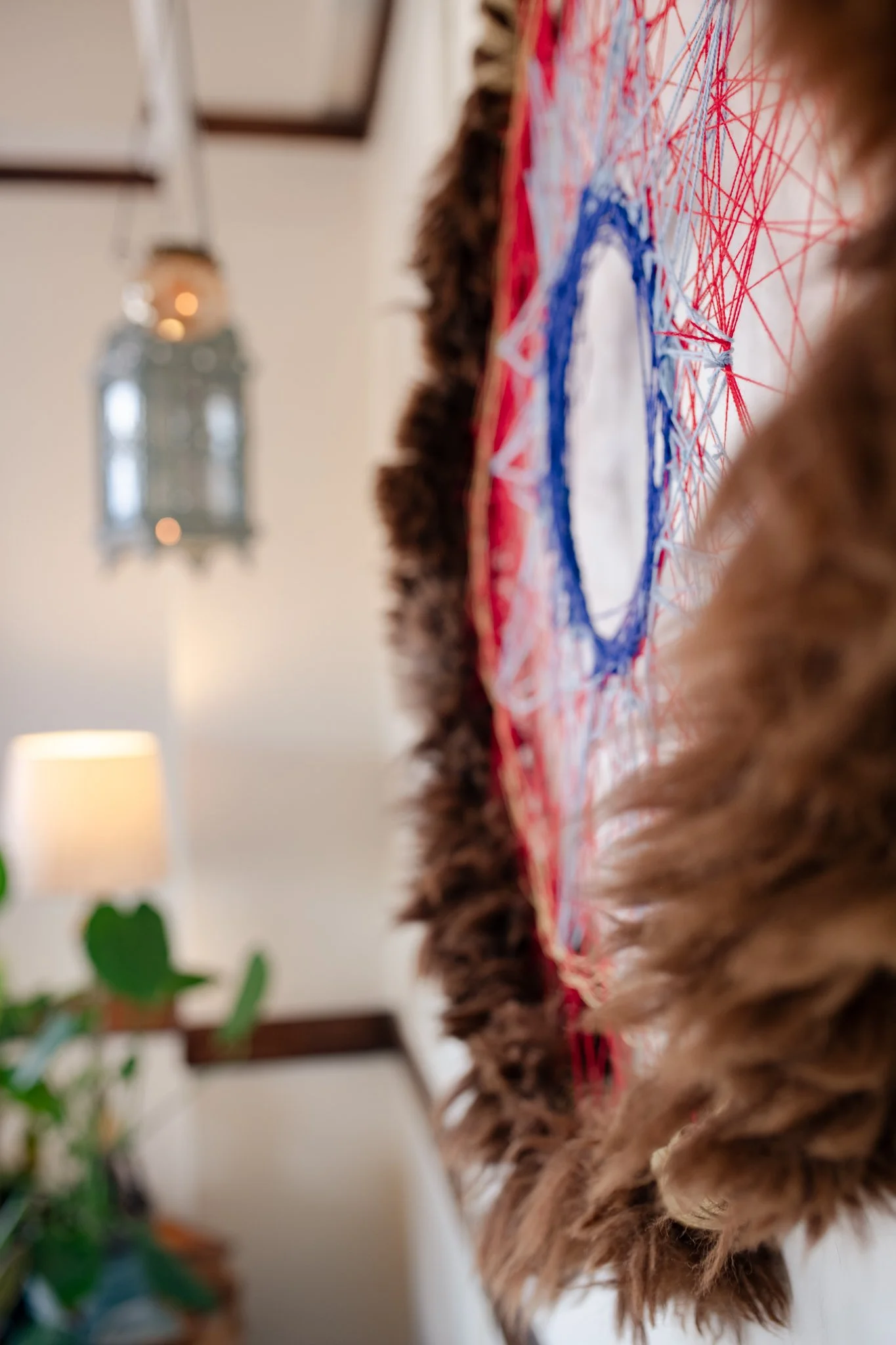Close-up of a person wearing a red, white, and blue star-patterned shirt with brown curly hair, standing indoors with blurred background including a hanging lantern and a plant.