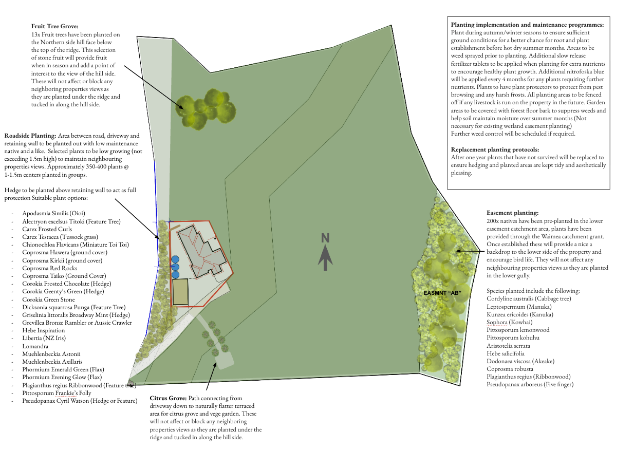 Diagram of a landscape plan showing a citrus grove, planting areas, and pathways, with labels and text explaining plant species and planting protocols.
