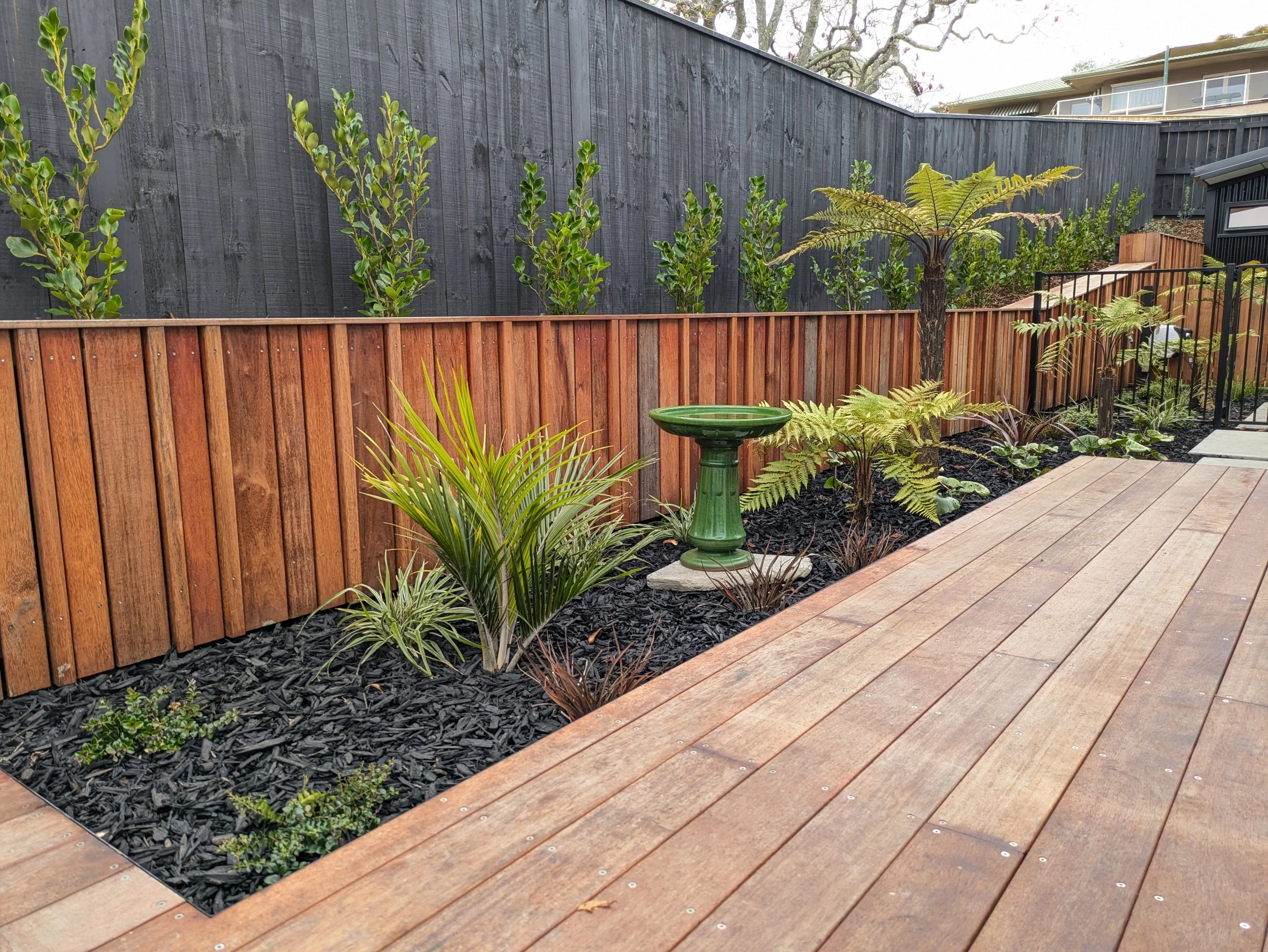 A backyard garden with a wooden fence, various green plants and trees, including a fern, a birdbath, and a decked area, with a house and trees in the background.