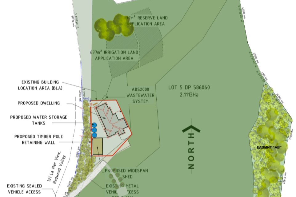 A detailed site plan showing a proposed dwelling, water tanks, retaining wall, and existing building location, surrounded by land with reserve and irrigation land application areas, trees, and a north arrow.