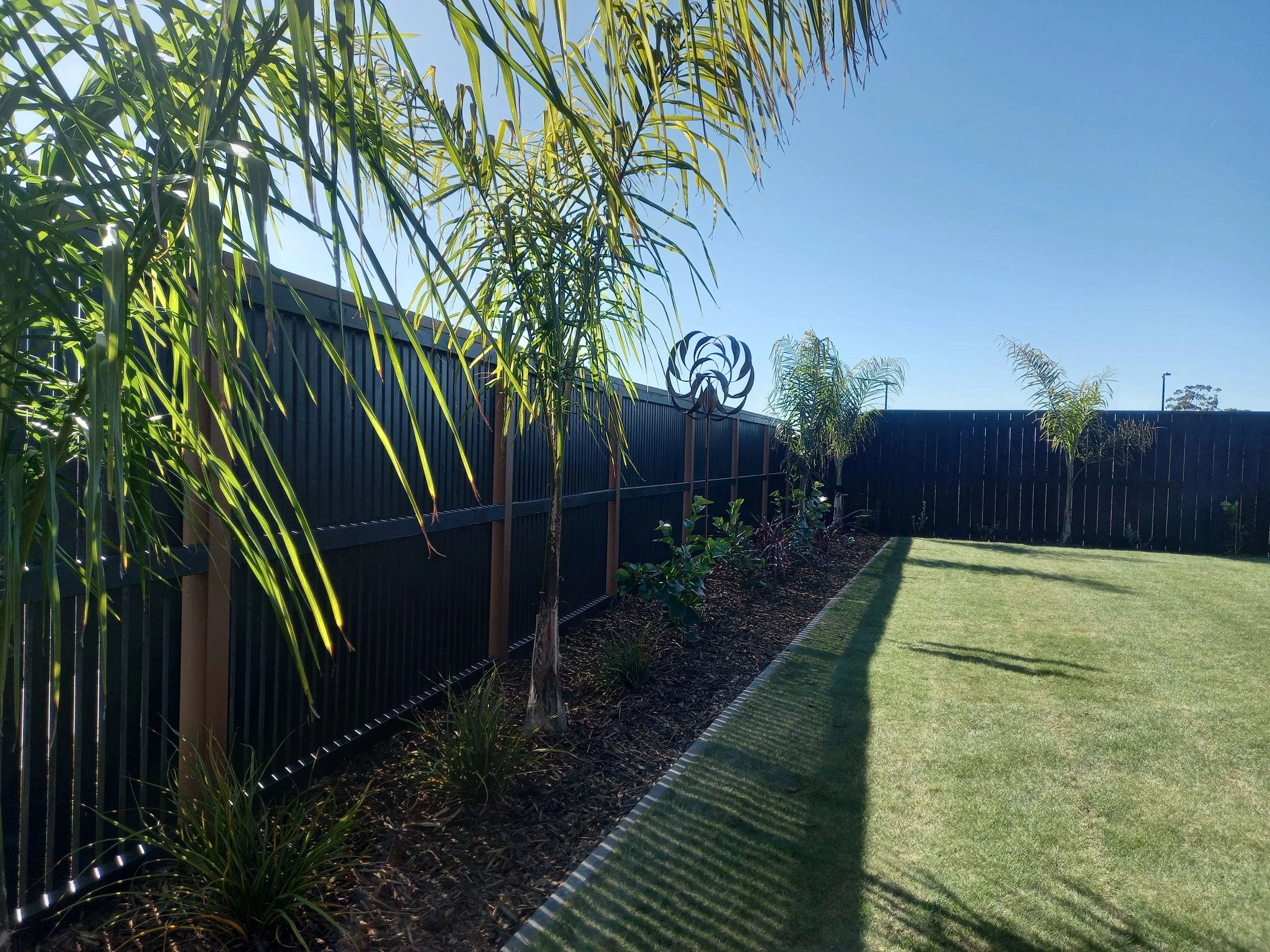 A backyard with a green lawn, a wooden fence, and several tall trees and plants, including palm trees, under a clear blue sky with sunlight.