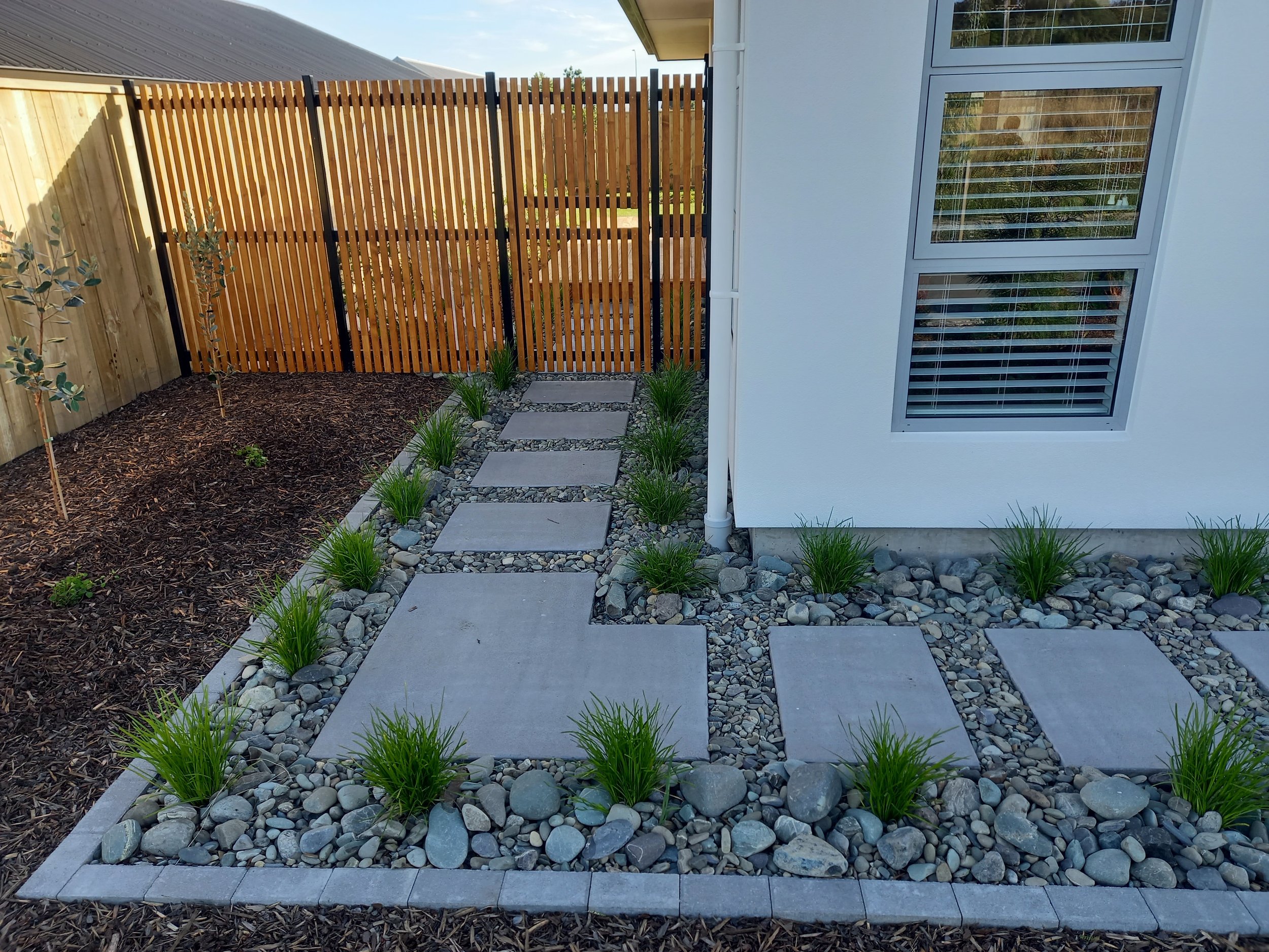 A modern backyard with a small pathway made of square concrete pavers, surrounded by decorative gravel and green plants. On the left, there is a garden bed with mulch and small saved plants. On the right, there are large windows with white blinds, an