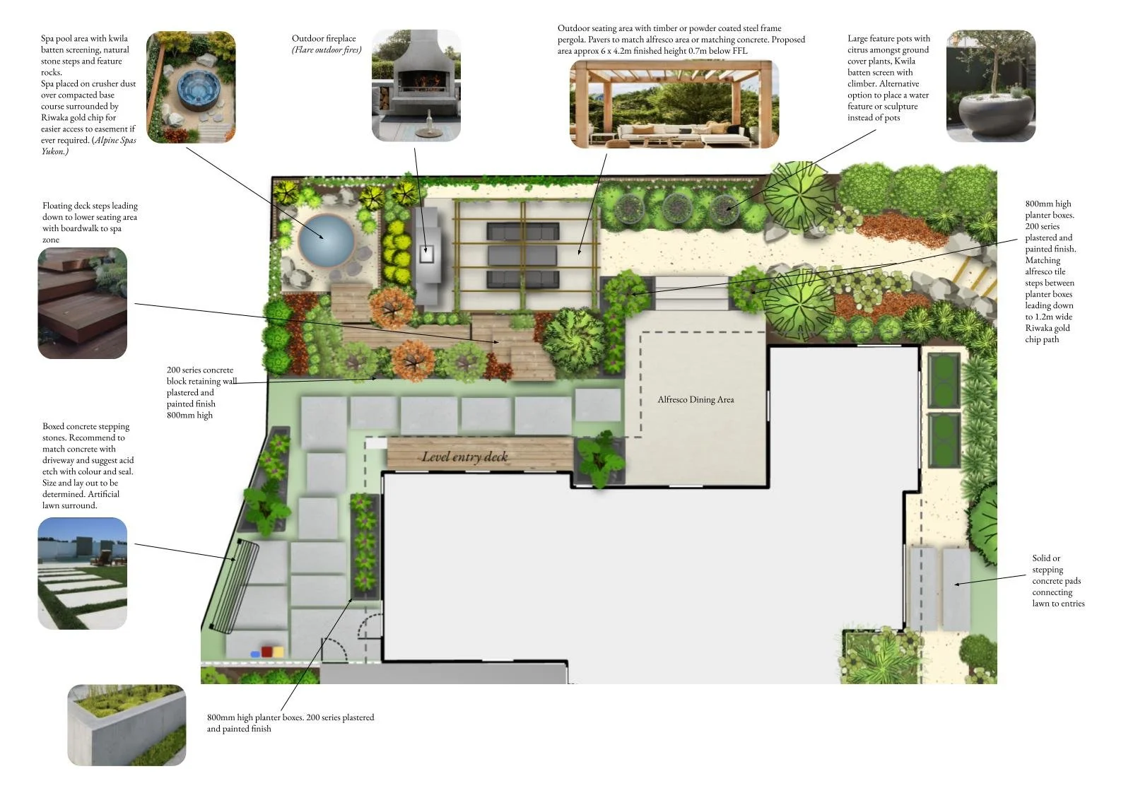 A detailed landscape design plan featuring a spa pool, outdoor fireplace, timber pergola with seating, large plant containers, a floating deck, concrete steps, planter boxes, a level entry deck, an outdoor dining area, stepping pavers, and surroundin