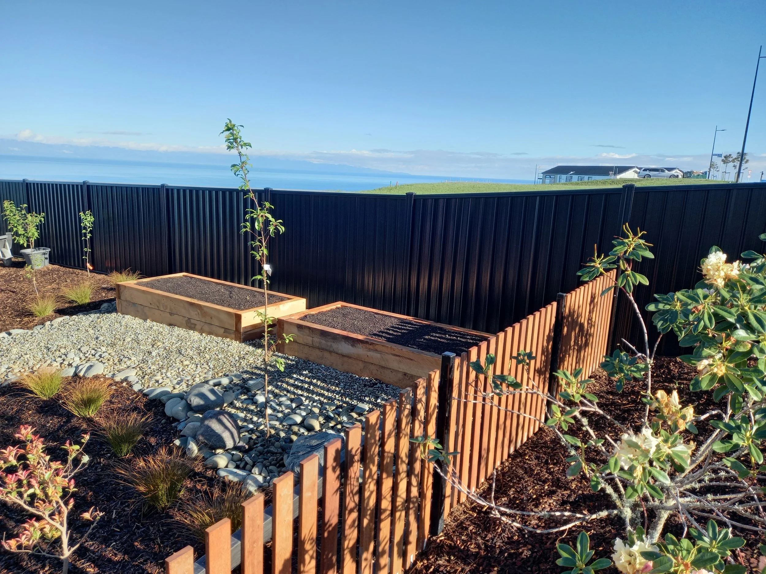 A garden with young plants and shrubs in raised beds, surrounded by a small fence, with a view of a grassy hill, houses, and streetlights overlooking a body of water under a clear blue sky.