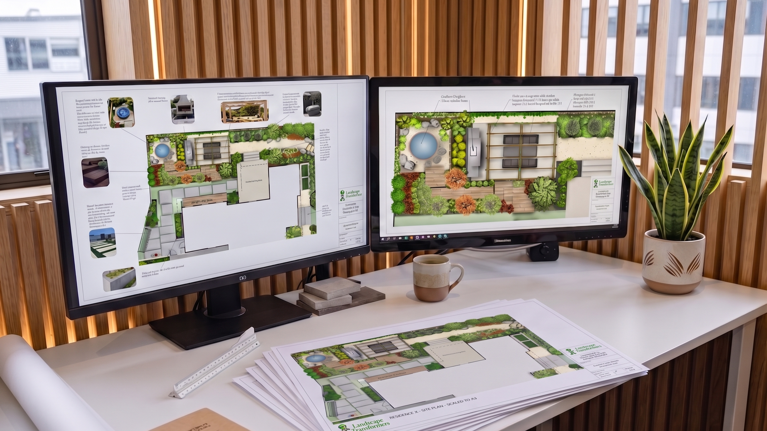 Two computer monitors on a desk display landscape architectural plans with greenery, plants, a swimming pool, and outdoor furniture. The desk has brochures, a mug, a ruler, and a potted plant, with a wooden slat wall and windows in the background.