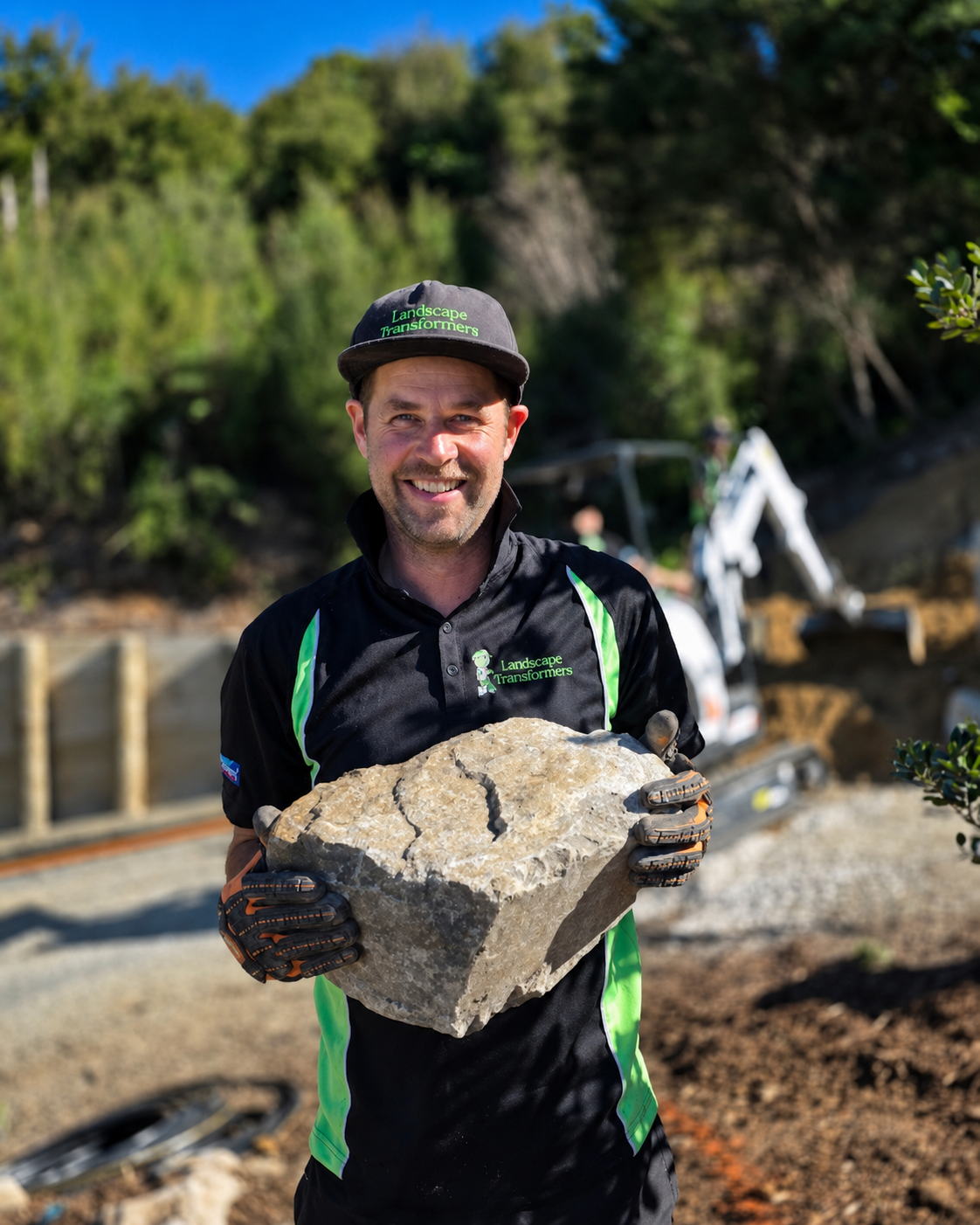 A smiling man wearing a black and green 'Landscape Transformers' shirt and cap holds a large rock at a construction site outdoors, with trees and construction equipment in the background.
