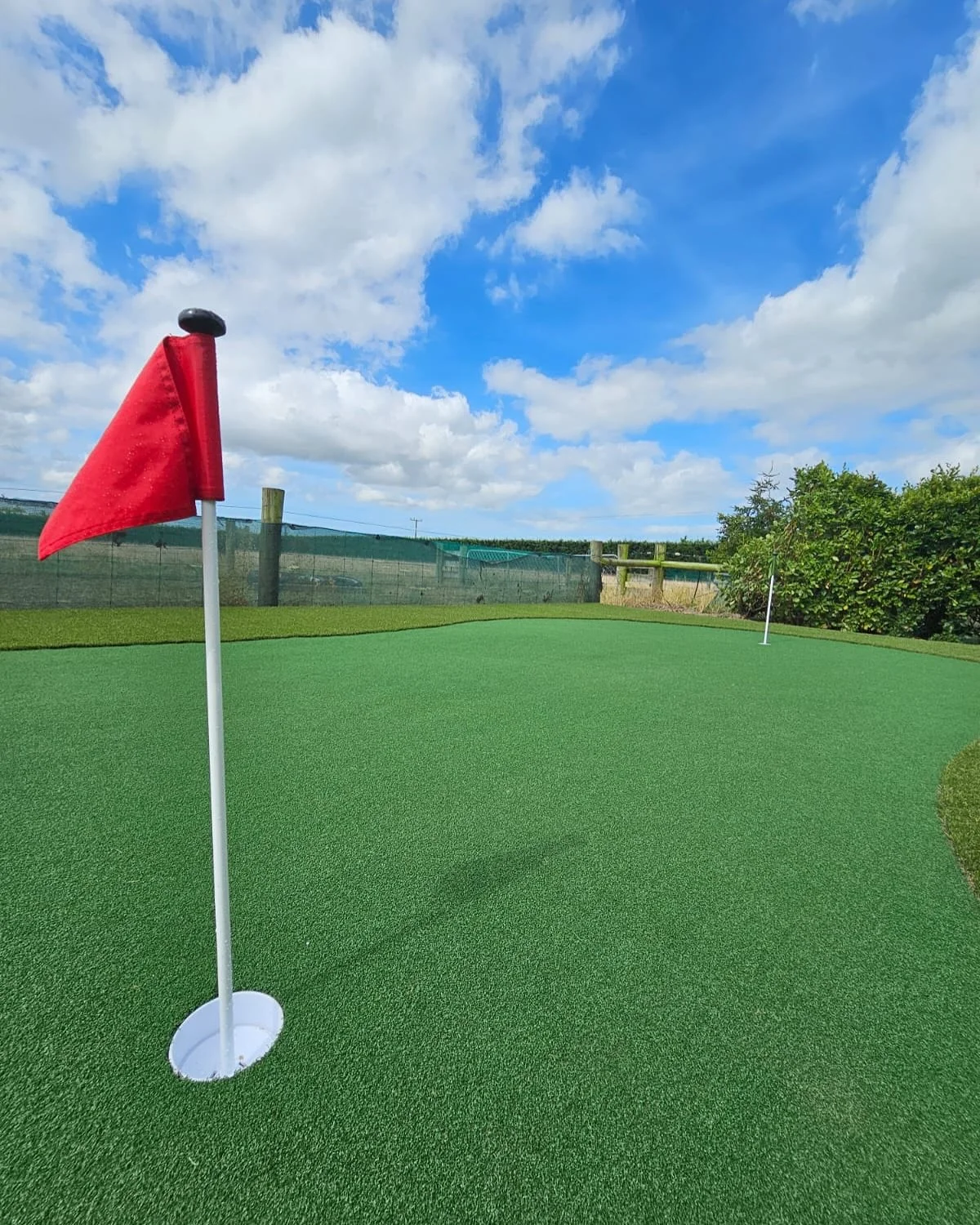 A golf putting green with flags, surrounded by a fence and bushes, under a blue sky with scattered clouds.