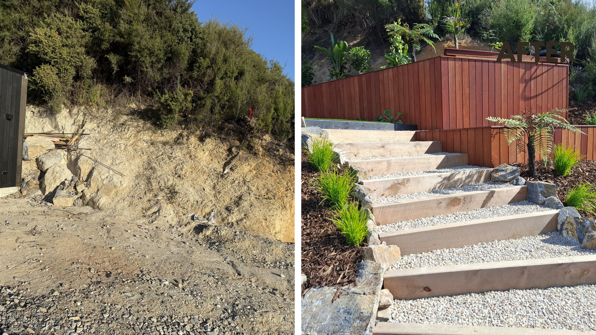 Side-by-side comparison of a hillside before and after landscaping work. The left side shows an overgrown hill with bushes, rocks, and bare soil. The right side shows the same hillside with a new wooden retaining wall, newly planted greenery, and gra