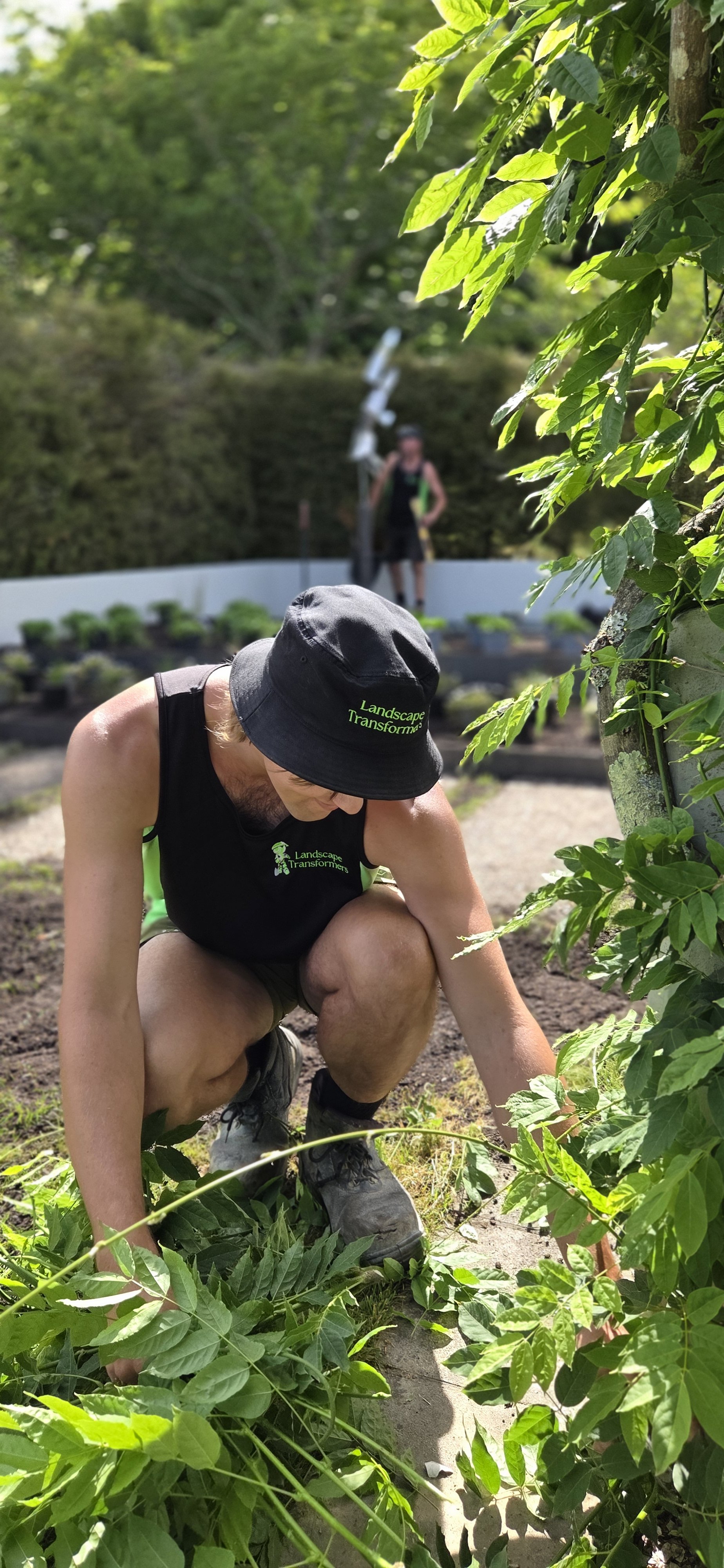 Person crouching and working with plants in a garden, wearing a black bucket hat and sleeveless shirt with green accents, with two other people in the background also working among plants.