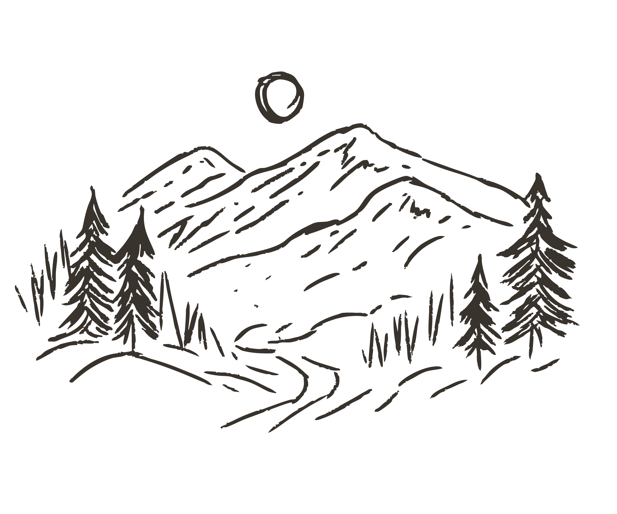 Black and white line drawing of a mountain landscape with trees, a winding path, a moon, and a cloud.