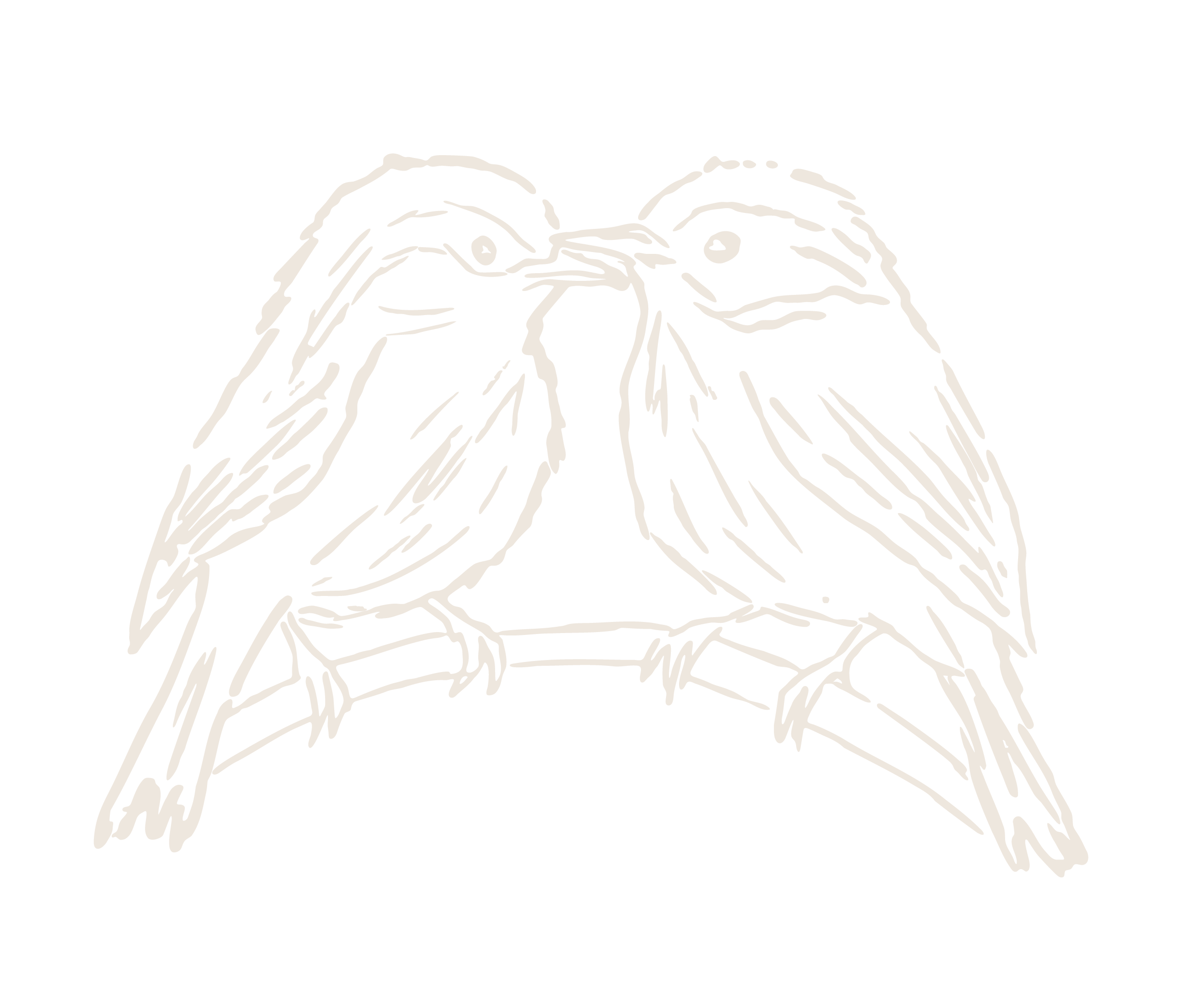 Line drawing of two birds perched on a branch, facing each other, with beaks touching.