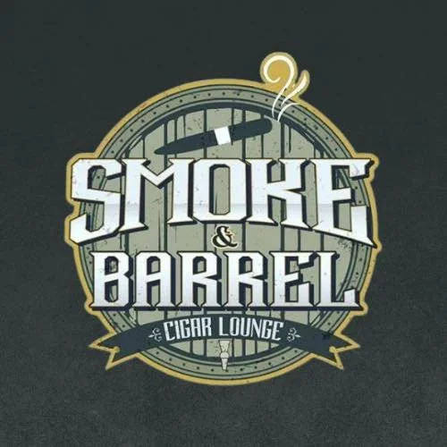 Logo for Smoke & Barrel Cigar Lounge featuring a stylized clock, a cigar, and smoky design elements.