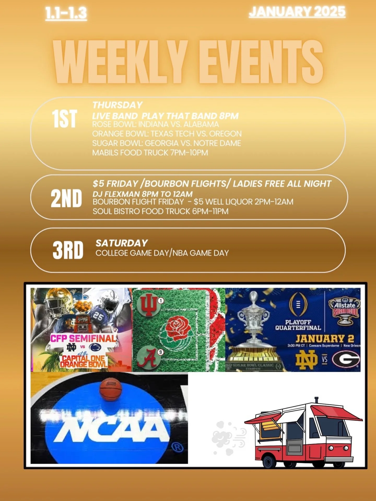 Let&rsquo;s start the New Year off right &amp; Finish the week Strong!

Second half of the week line up! We&rsquo;re expecting you🥃