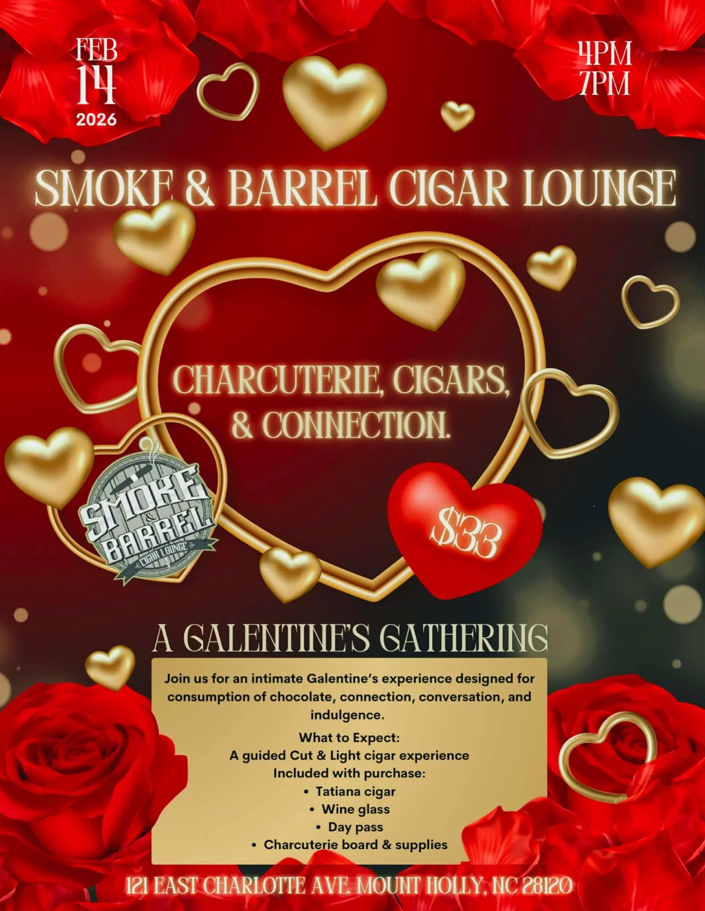 CHARCUTERIE, CIGARS &amp; CONNECTION

A Galentine&rsquo;s Gathering

📅 Saturday, February 14, 2026
⏰ 4:00 PM &ndash; 7:00 PM
💲33.00
📍 Smoke &amp; Barrel Cigar Bar &amp; Lounge

Purchase Tickets at Smoke &amp; Barrel
Or Zelle: 412-944-9154 (with na