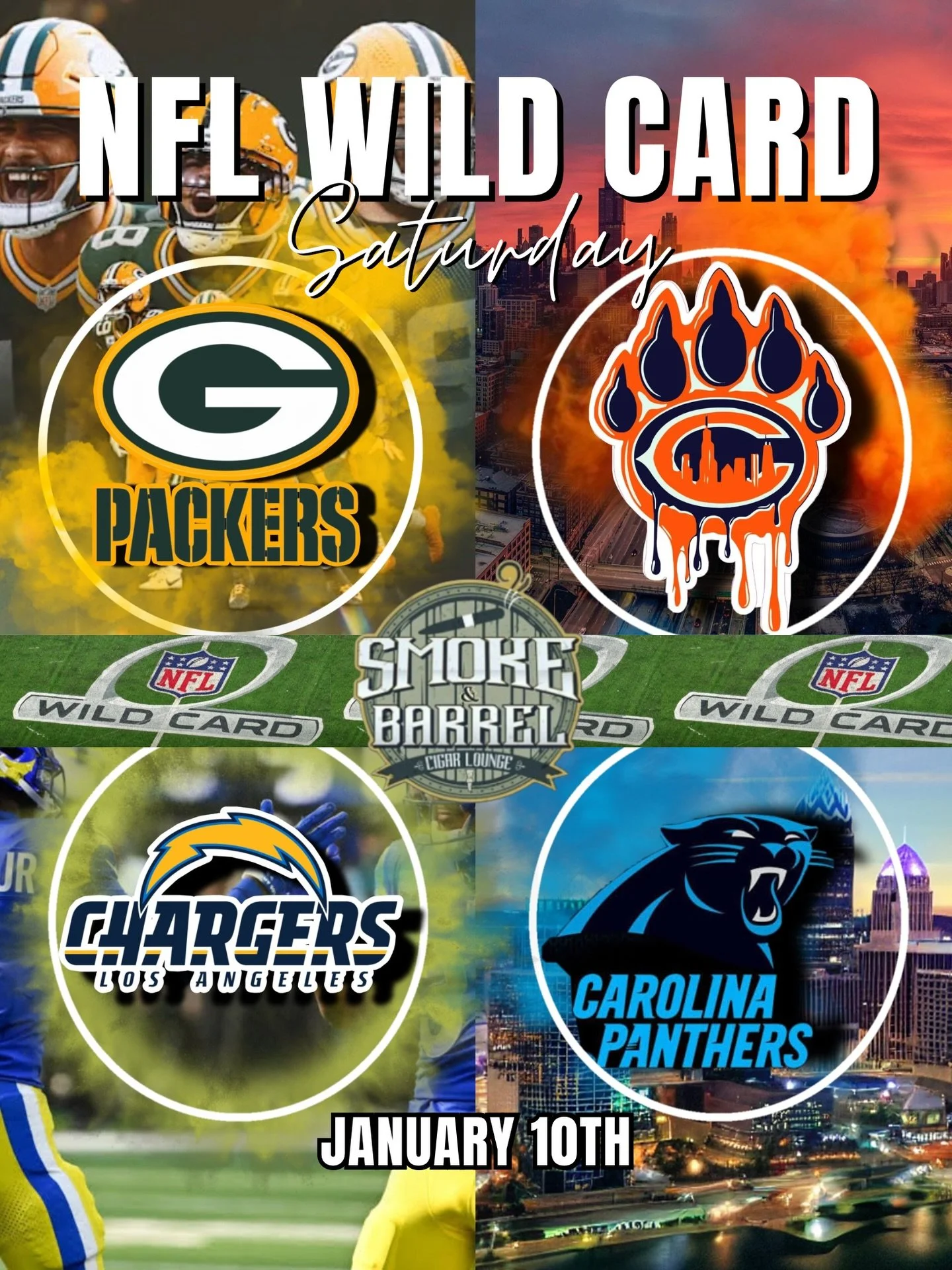 NFL WILD CARD GAME🏟️

This Saturday face your opponent with signature smokes and premium drinks only at Smoke and Barrel!
