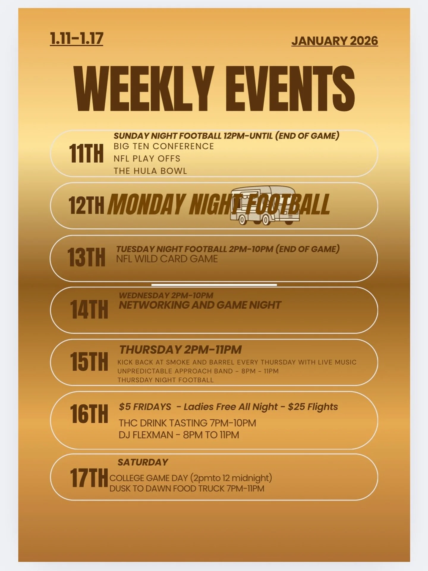 Weekly Schedule is UP! 

🔥 THIS WEEK AT SMOKE &amp; BARREL 🔥
Football. Flights. Live music. Game night. DJs. Food trucks.
We&rsquo;ve got something EVERY. SINGLE. NIGHT. 🥃🏈🎶

Pull up this week! We are open every day!!!
🏈 Playoffs on Monday
🥃 T