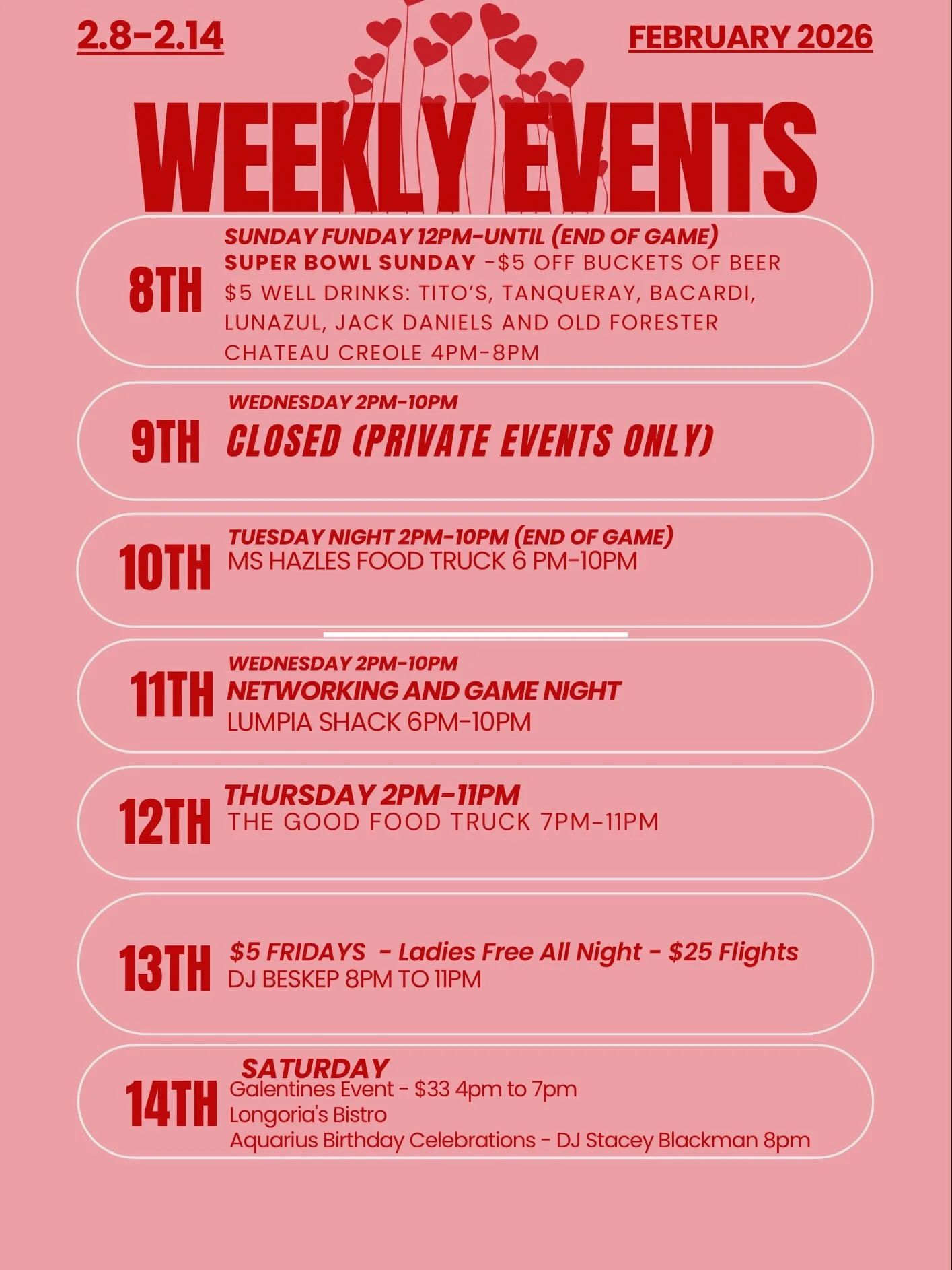 ❤️&zwj;🔥 Love is in the air &mdash; and so is the smoke.
This week at Smoke &amp; Barrel is FULL of flavor, fun, and connection.

From 🏈 game day drink specials
to 🎯 networking &amp; game night
to 💃 $5 Friday vibes
to 💘 our Galentine&rsquo;s Cha