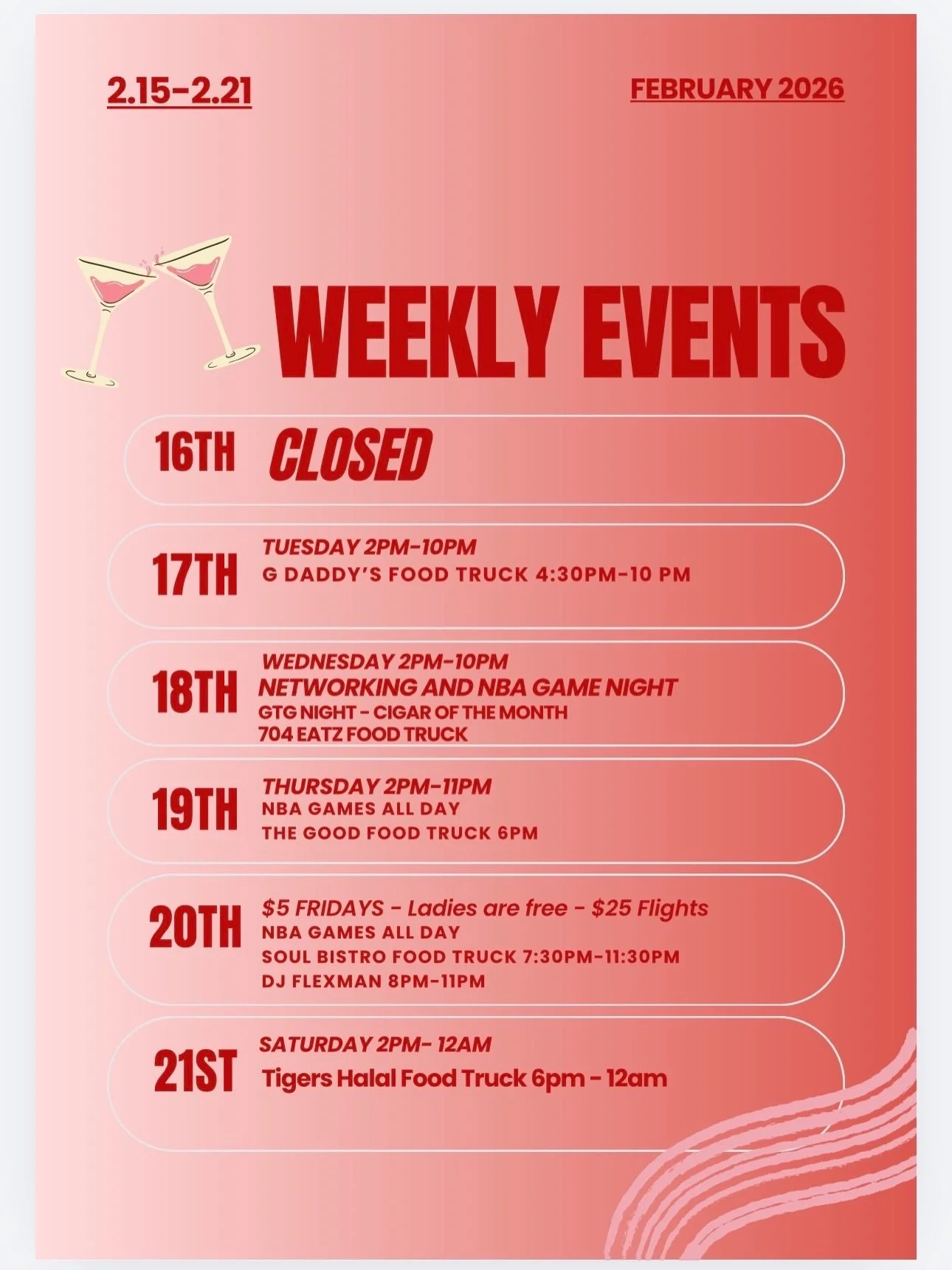 Your week just found its home base. 💨🥃
Join us for networking night, NBA game watch, food trucks, DJ sets, and our signature lounge experience all week long.

Good cigars. Good people. Good conversations.
That&rsquo;s the standard

@gdaddyssoulfood