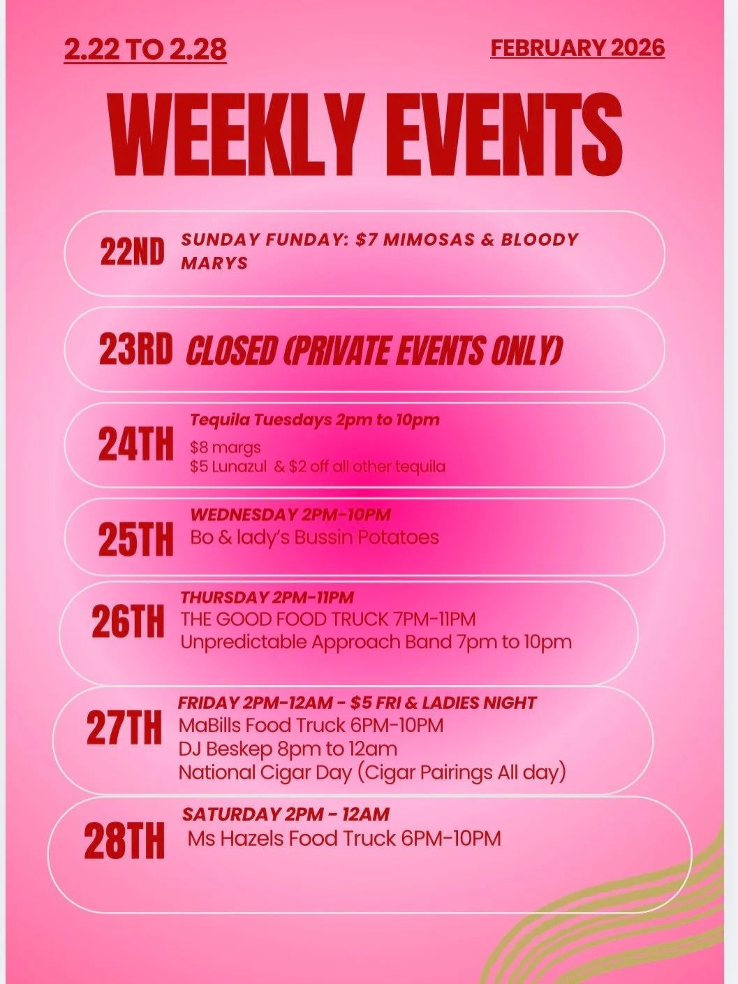 It&rsquo;s a WHOLE WEEK of vibes at Smoke &amp; Barrel Cigar Bar &amp; Lounge 🔥💨

From Sunday Funday mimosas to Tequila Tuesday, live music, food trucks, Ladies Night, and National Cigar Day&hellip; we are outside ALL week.

✨ Tequila specials
✨ Bo