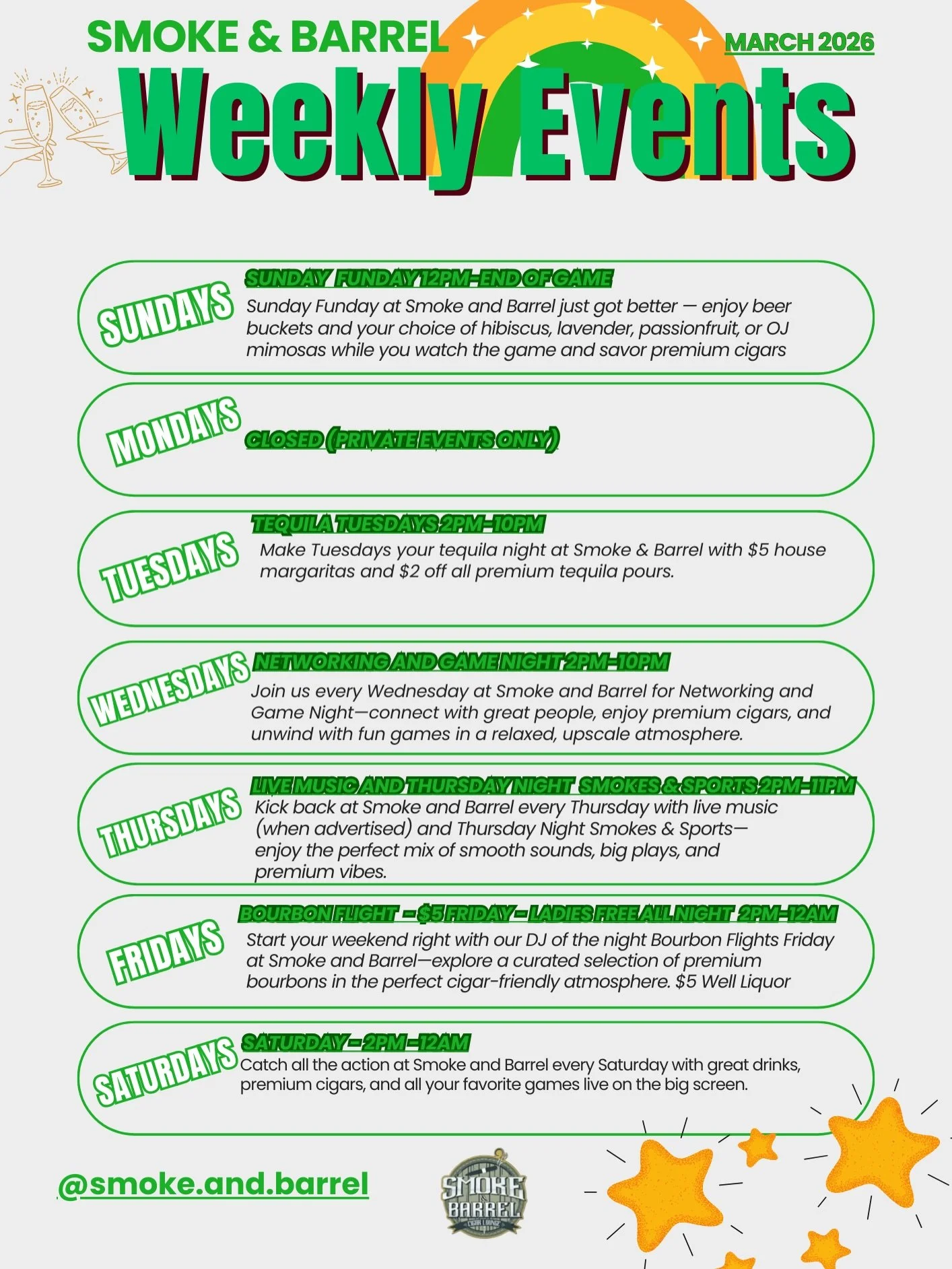 March means bigger games, louder cheers, and stronger pours. 🍺🌈🍀

Catch every matchup, every Sunday showdown, and every late-night vibe at Smoke &amp; Barrel.

Cigars. Cocktails. Sports. Repeat.

#CLTSports #MarchMadnessVibes #SmokeAndBarrel #Char