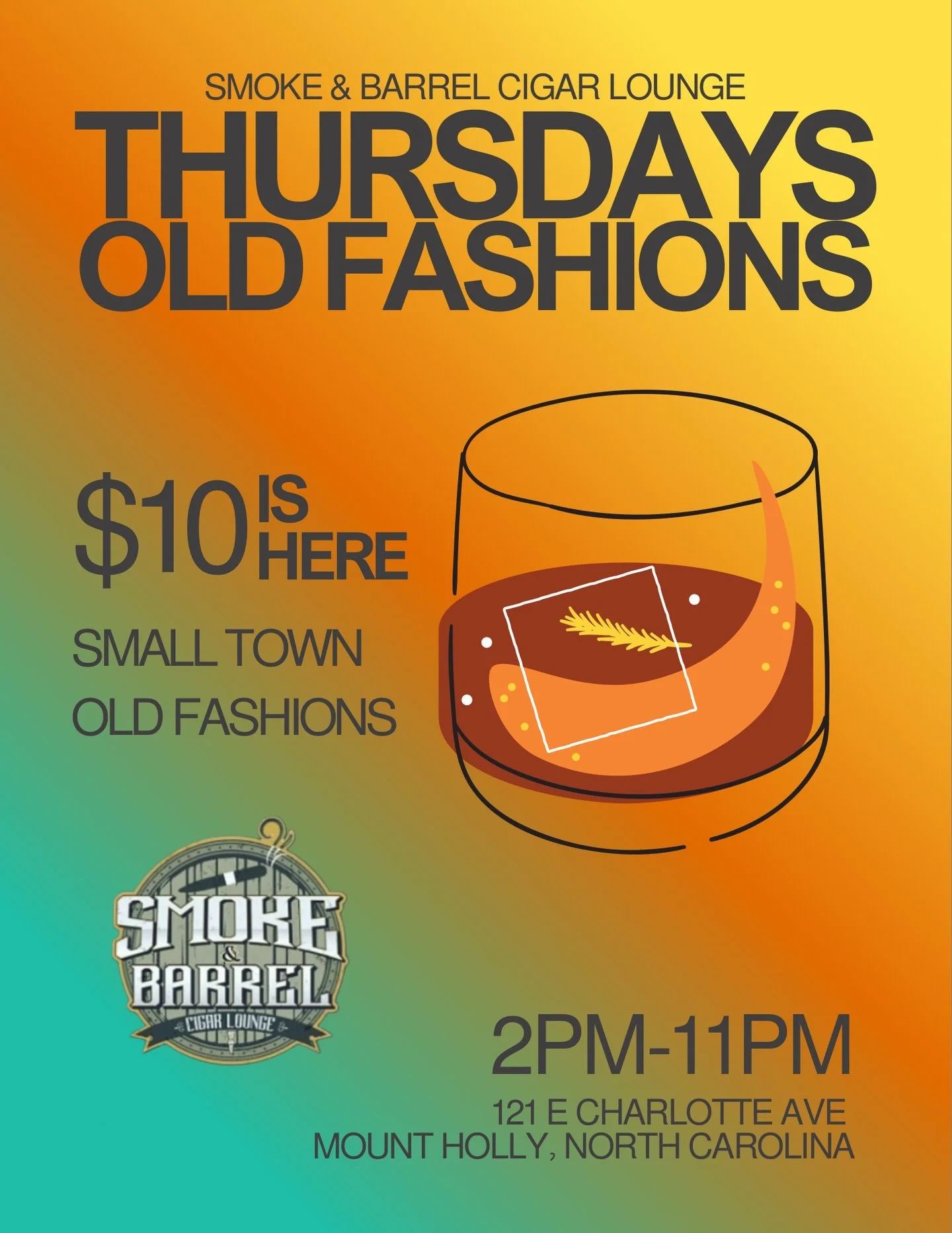 Thursdays are for $10 Small Town Old Fashions 🥃

Kick back, sip something smooth, and enjoy the perfect pairing. Choose from a wide selection of premium cigars while you unwind with us.

Good drinks. Good smoke. Good company.

#SmokeAndBarrel #CLTNi
