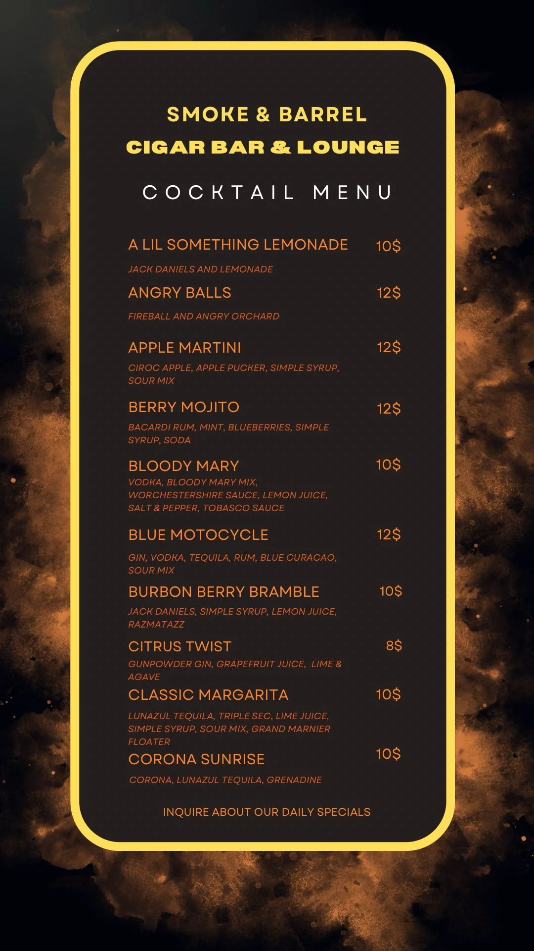 Cocktail menu with drinks and prices at Smoke & Barrel Cigar Bar & Lounge, listed with ingredients.