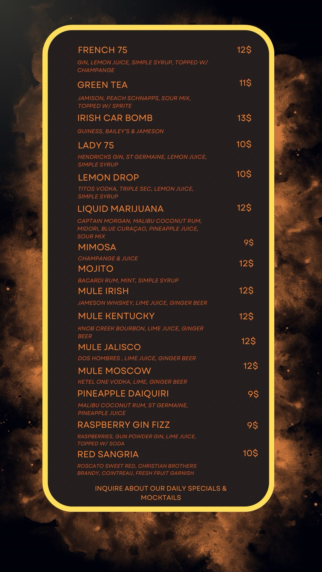 Menu with various cocktails listed along with ingredients and prices, set against a dark background with yellow border.