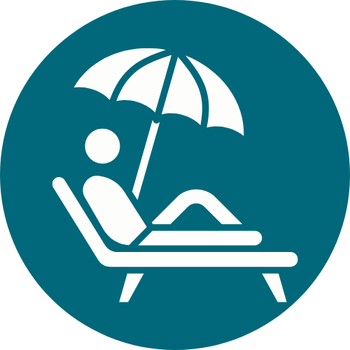 Icon of a person relaxing on a lounge chair under an umbrella