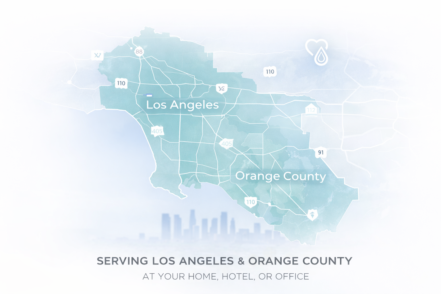 Map of Los Angeles and Orange County highlighting service areas for home, hotel, or office.