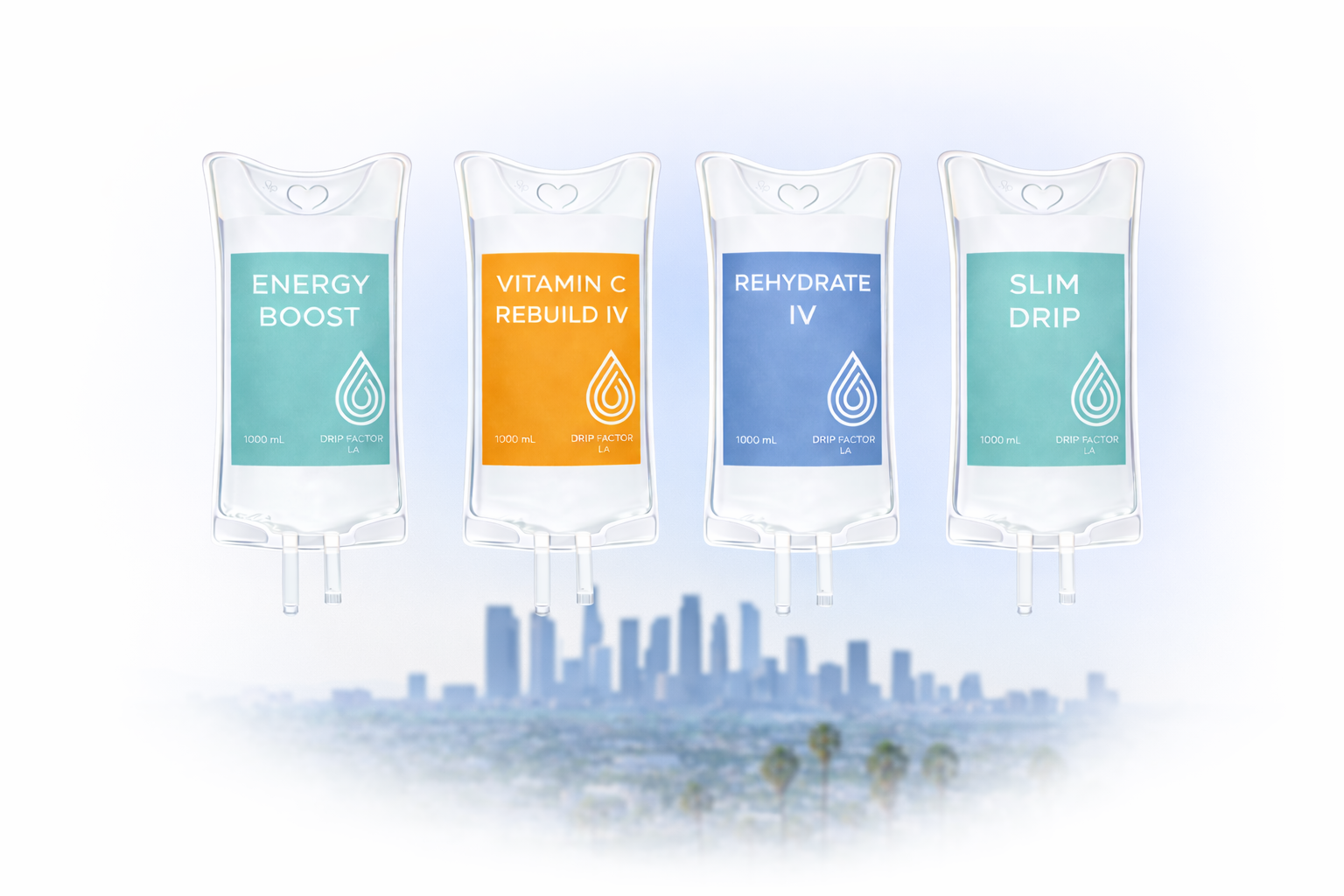 Four IV drip bags labeled 'Energy Boost,' 'Vitamin C Rebuild IV,' 'Rehydrate IV,' and 'Slim Dip' float above a blurred city skyline with palm trees in the foreground.