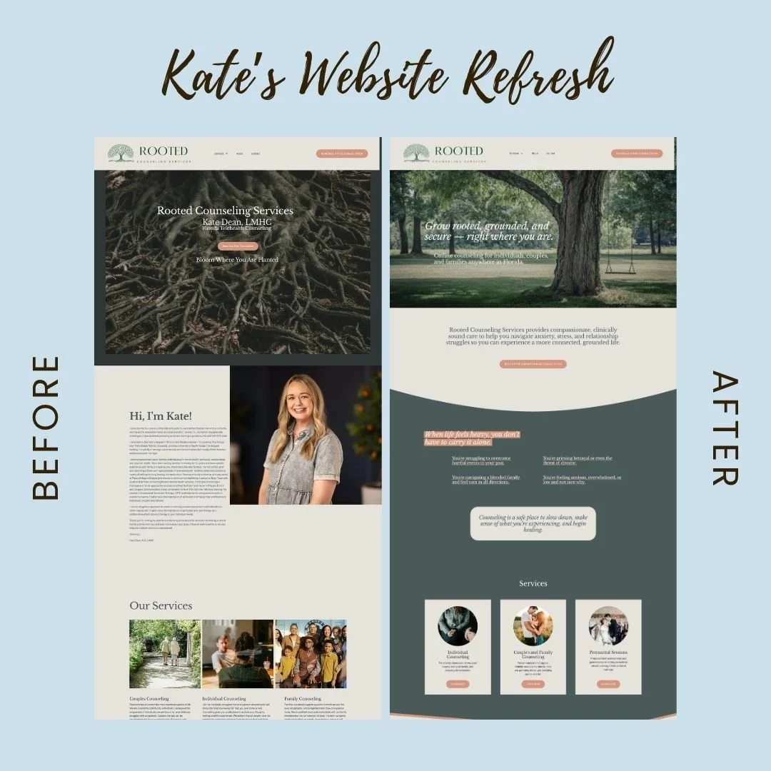 What an honor it was to refresh Kate's website! We updated imagery to match her branding, and made clear calls to action in every section. See Kate's website at rootedcounselingservicesfl.com.

And if you're ready for a website refresh or design, sen
