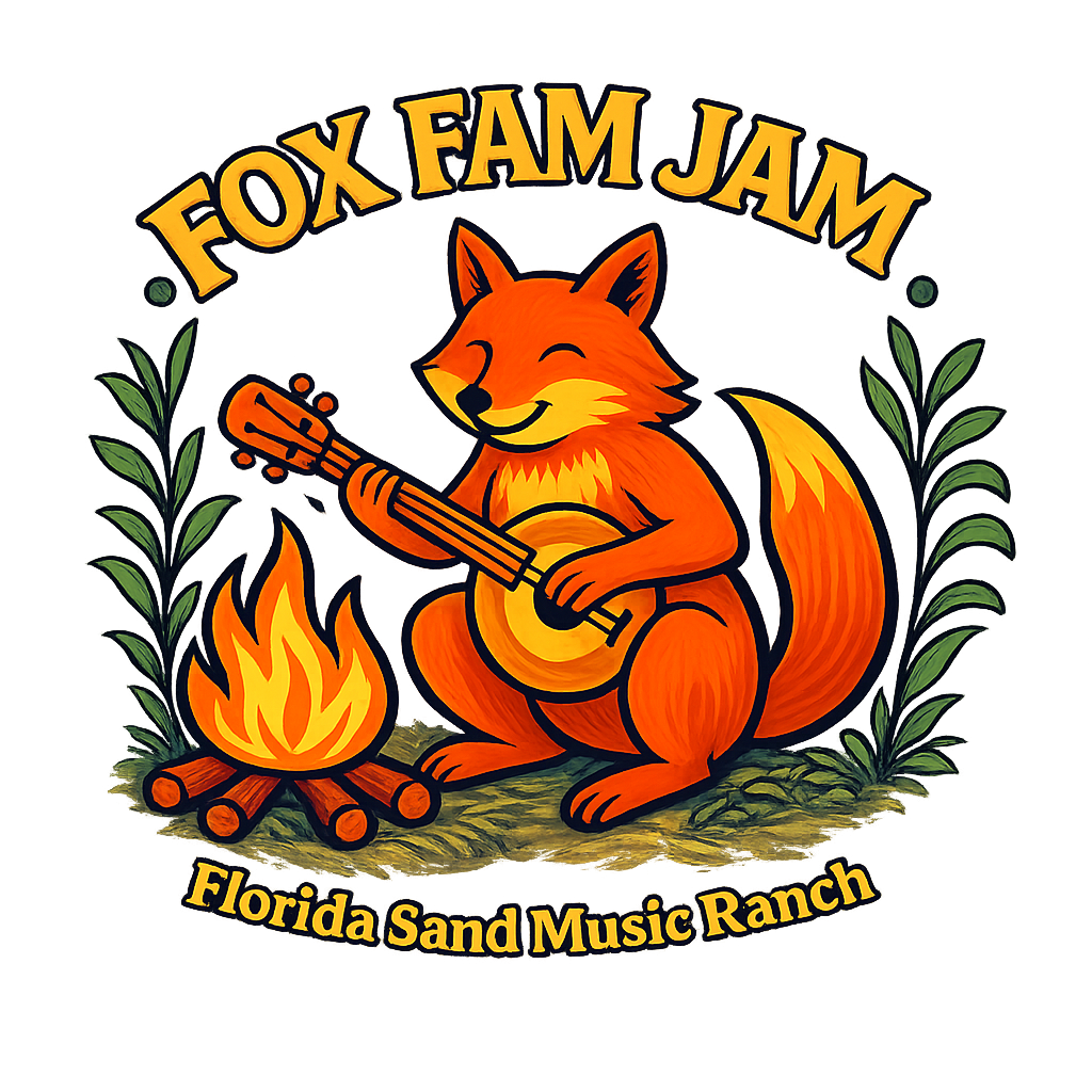 Logo featuring a smiling orange fox playing a guitar near a campfire, with green foliage on either side, and text that reads "FOX FAM JAM" above and "Florida Sand Music Ranch" below.
