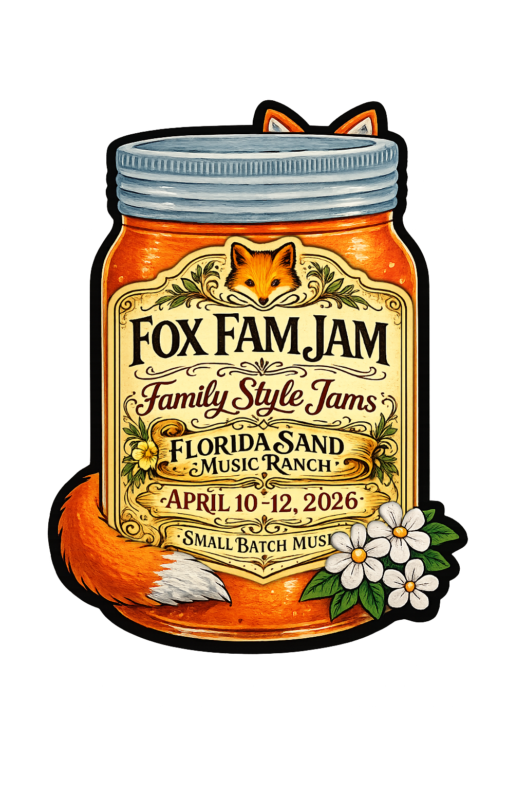 Illustration of a jar label advertising Fox Fam Jam, a family-style jam event at Florida Sand Music Ranch from April 10-12, 2026, featuring small batch music.