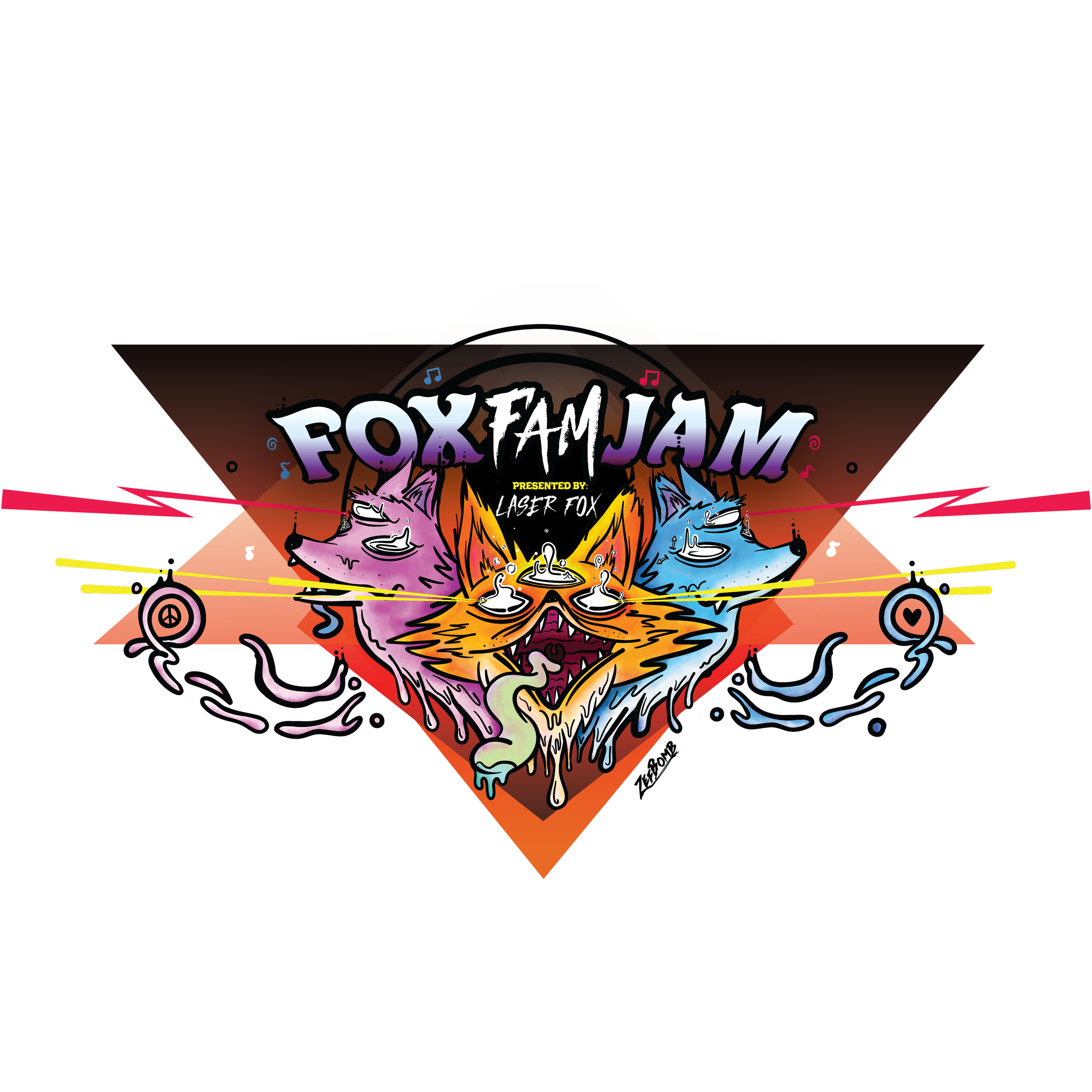 Colorful graphic illustration with three distorted fox heads, surrounded by musical notes, lightning bolts, and hearts, promoting Fox Fam Jam presented by Laser Fox.