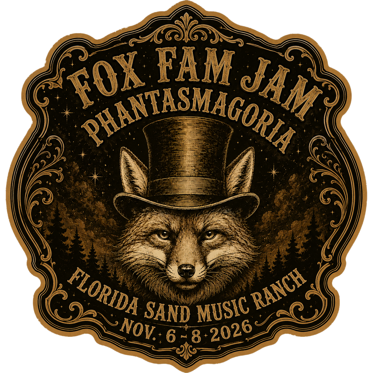 Event poster for Fox Fam Jam Phantom Saga at Florida Sand Music Ranch, November 6-8, 2026, featuring a wolf wearing a top hat in a forest scene with ornate borders and starry night background.