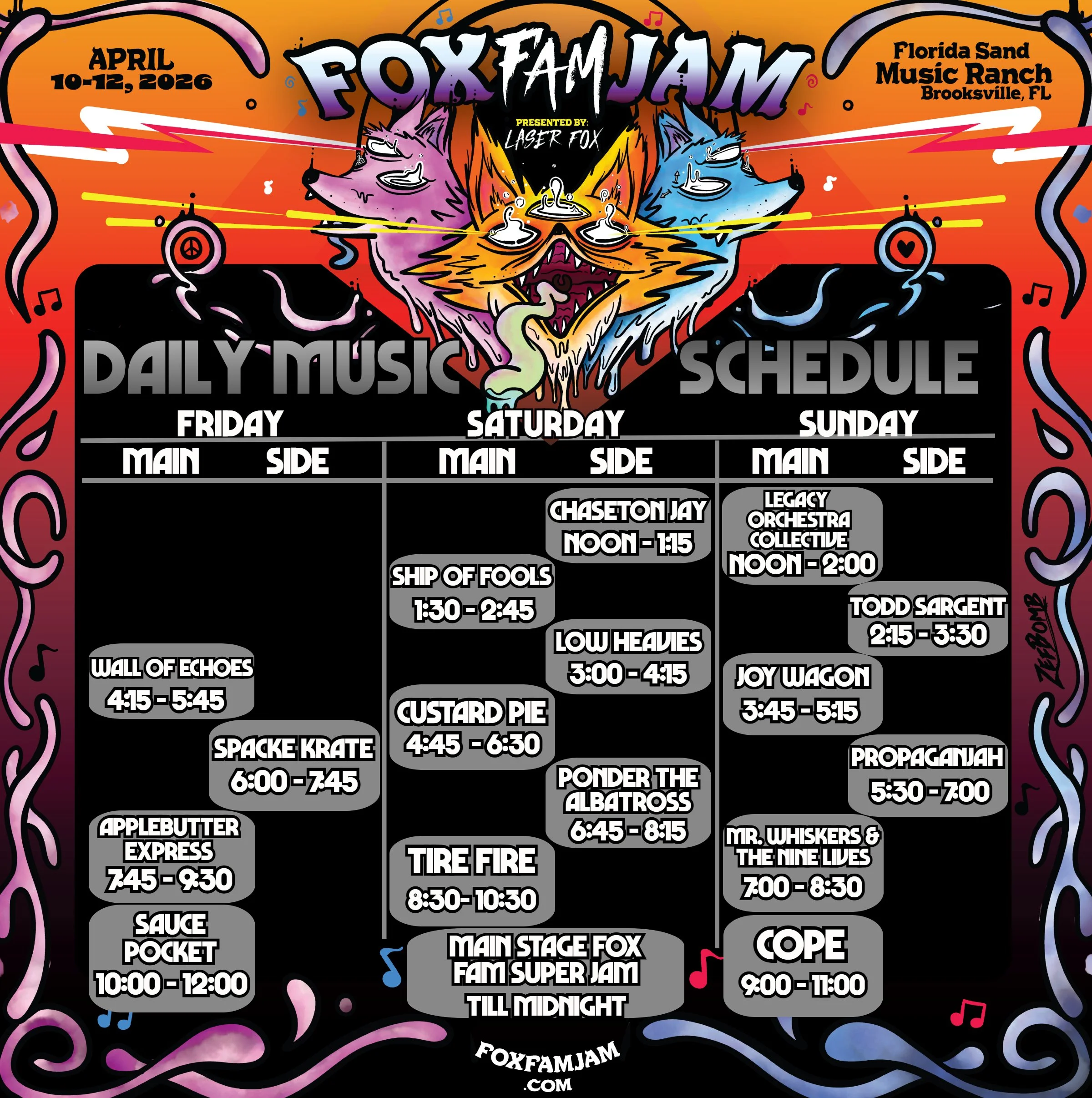 Schedule poster for Fox Fam Jam music festival, April 10-12, 2026, at Florida Sand Music Ranch, Brooksville, FL. Features colorful cartoon foxes and bands playing each day with detailed performance times.