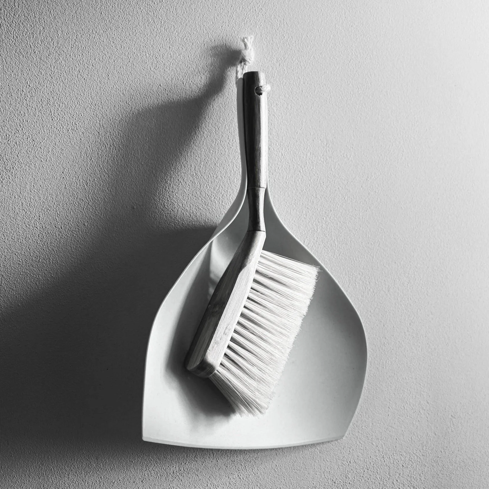 Small black and white broom and dust pan.
