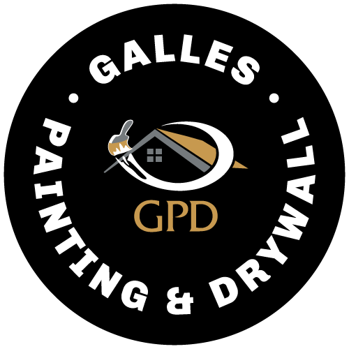 Logo for Galles Painting & Drywall featuring a house, paintbrush, and paint roller in a circular design.