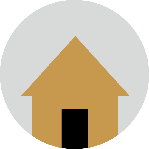 An icon of a house with a gold exterior and black door on a gray circular background.