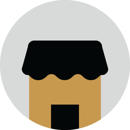 Icon of a small house with a black roof and an open door.