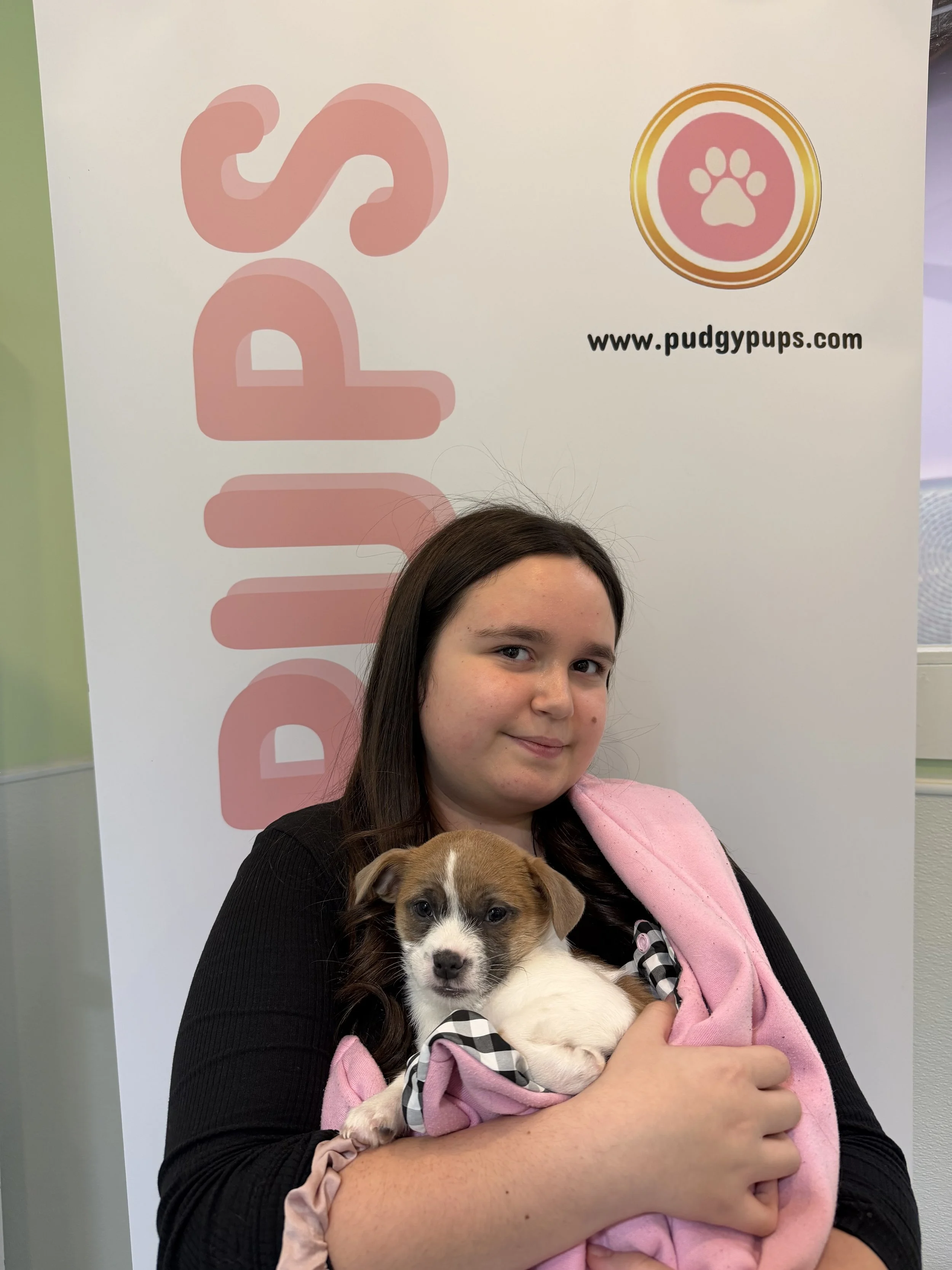 A smiling girl holds a brown and white puppy wrapped in a pink blanket in front of a Party Pups banner during an at home puppy party. The sweet moment captures the joy and calm that comes from cuddling with puppies.