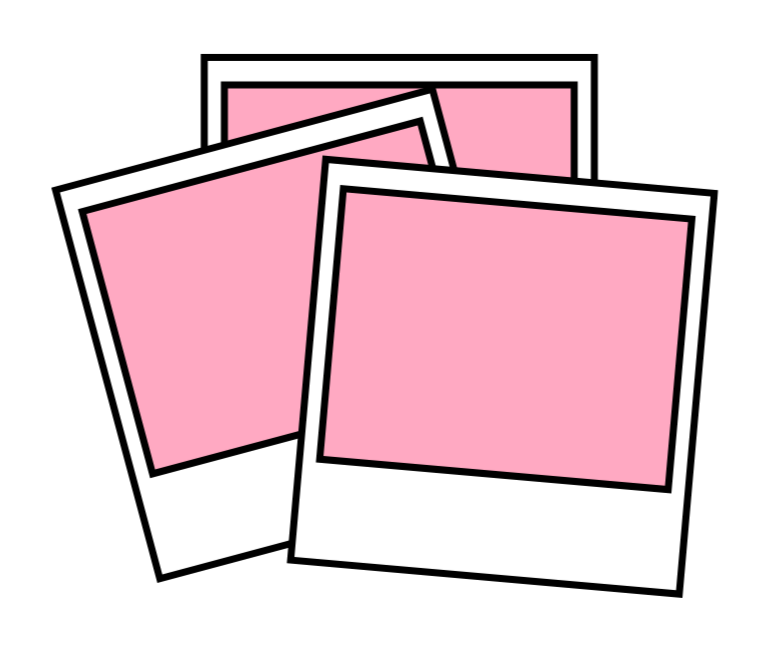 Illustrated stack of pink polaroid-style photos representing the unforgettable moments and smiles shared at puppy parties with rescue puppies by Pudgy Pups Canada.