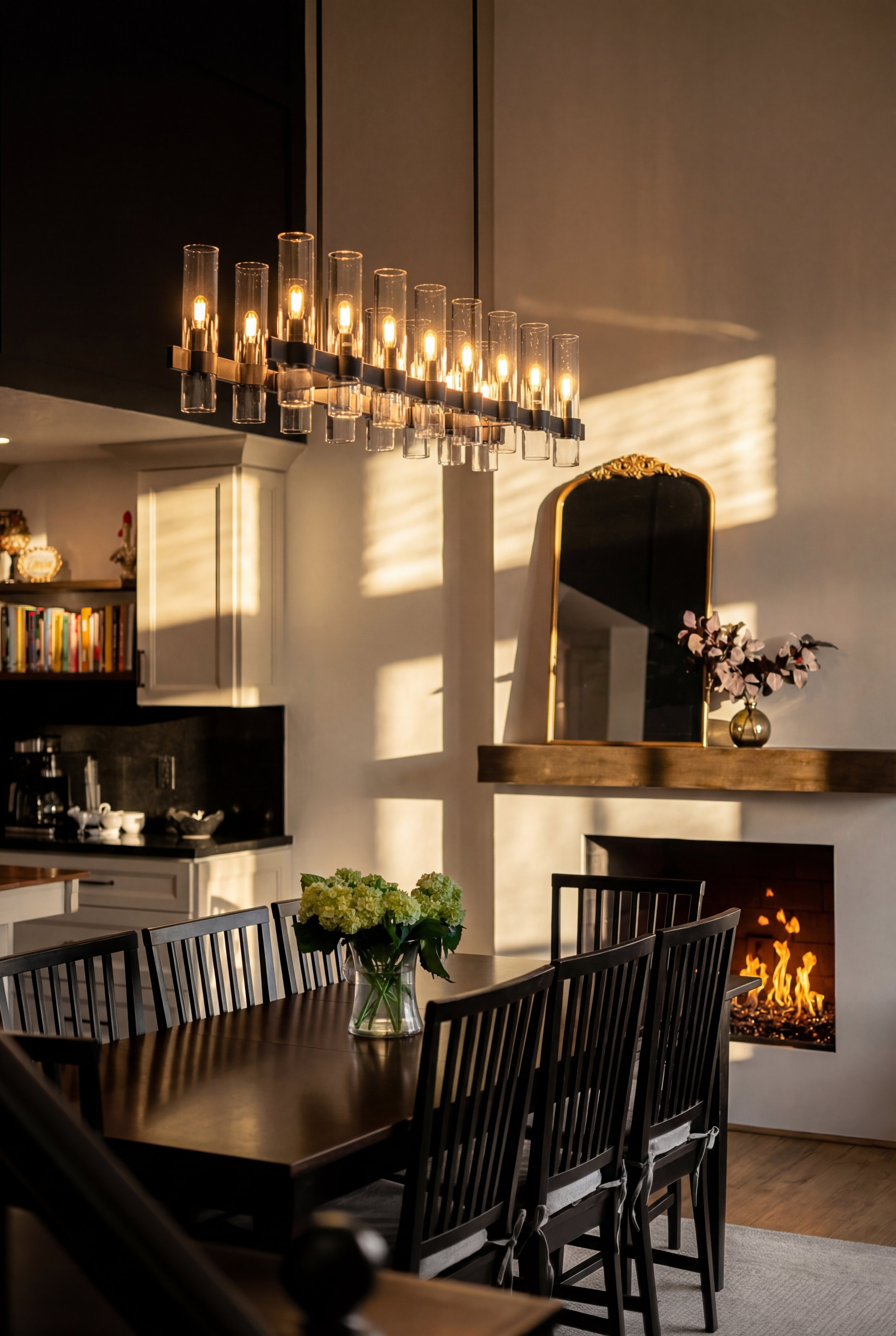 A dining room with a wooden table and black chairs, a vase of white flowers, a modern chandelier with exposed bulbs, a mirror with a gold frame, and a fireplace with a fire, illuminated by warm sunlight.