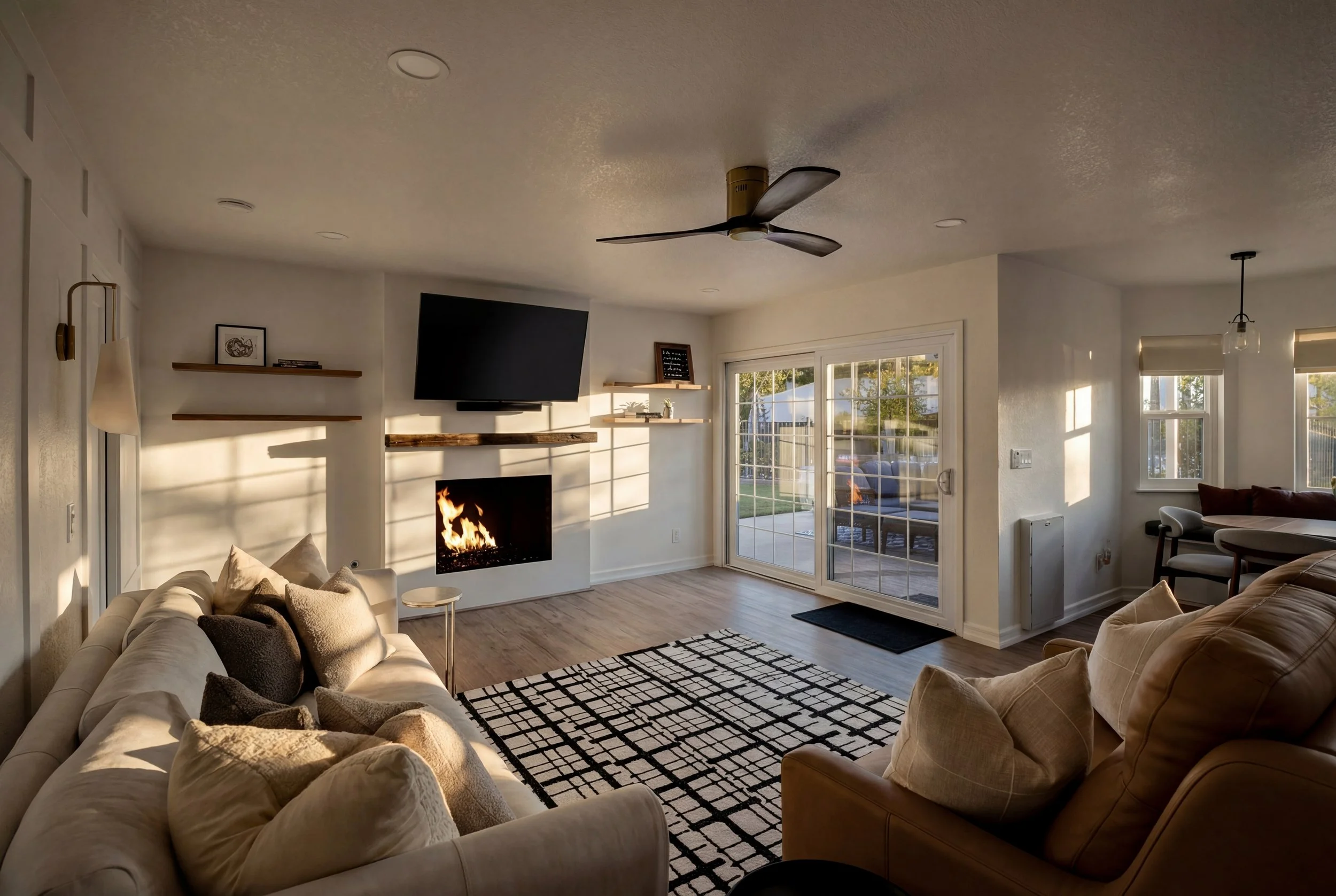 Living room with a sitting area, a fireplace with a fire, a flat-screen TV above, and a sliding glass door leading outside, illuminated by natural sunlight.