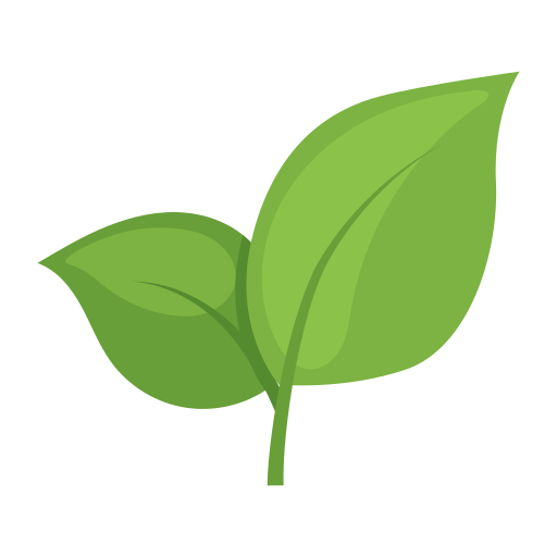Two green leaves with a stem, illustrated in a simple cartoon style.