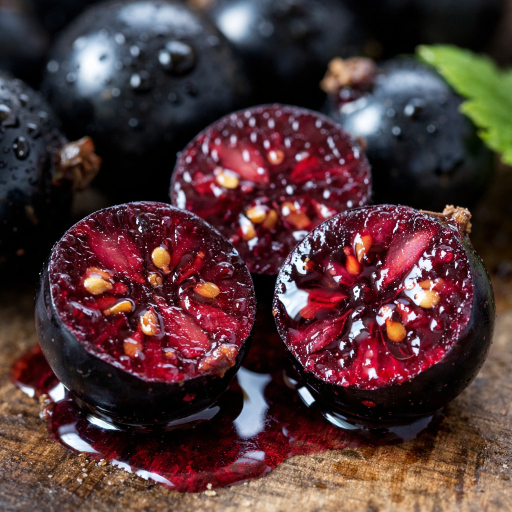 Close-up of three halved black currants with juice on a wooden surface, with whole black currants and a green leaf in the background.