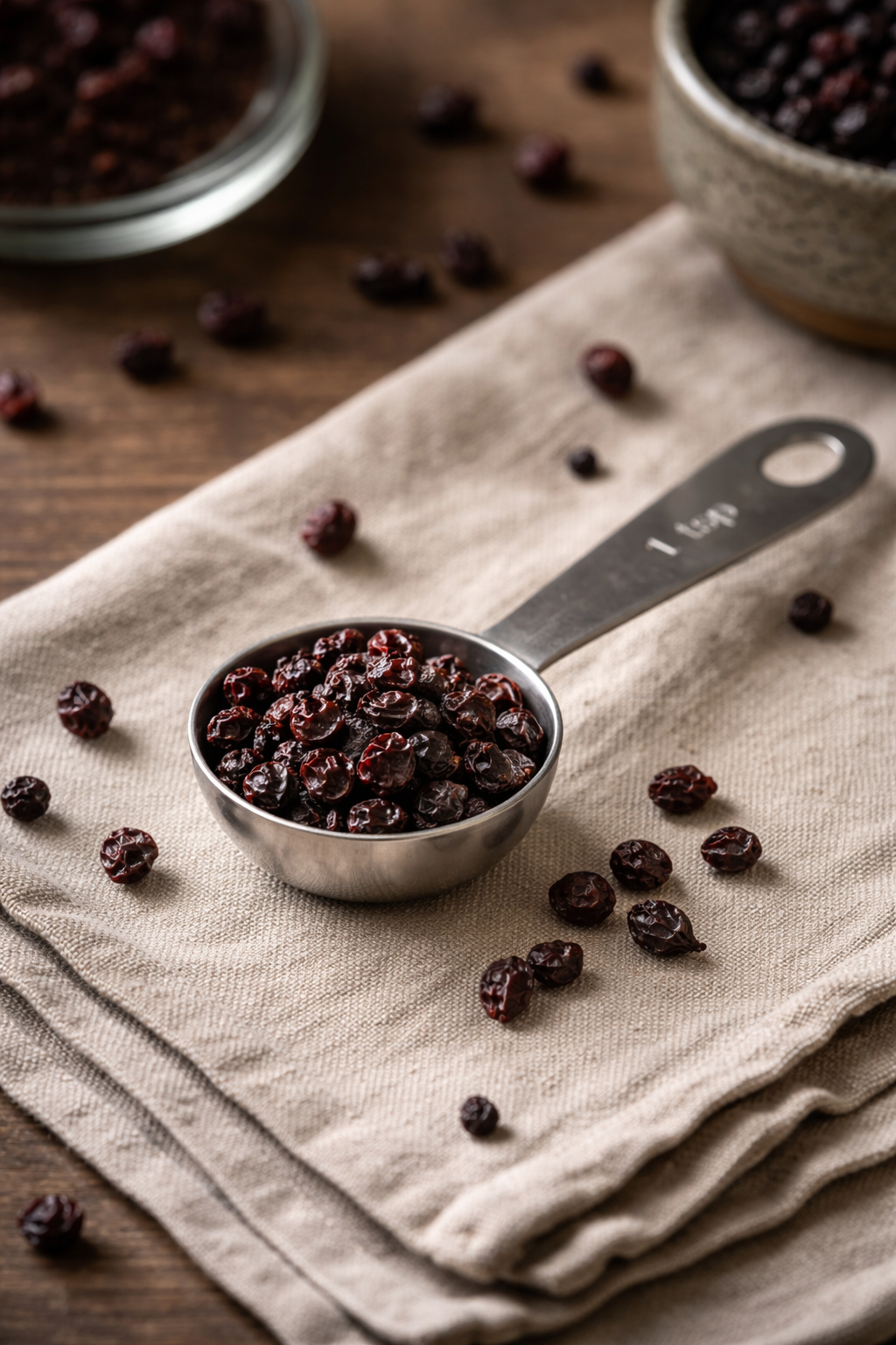 A metal measuring spoon filled with dried Schisandra berries on a beige cloth, with more scattered around on a wooden surface.