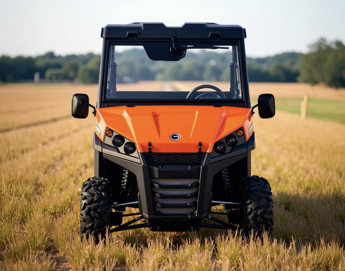 Orange utility vehicle with black trim and tires parked in a grassy field UTV, Corvus .