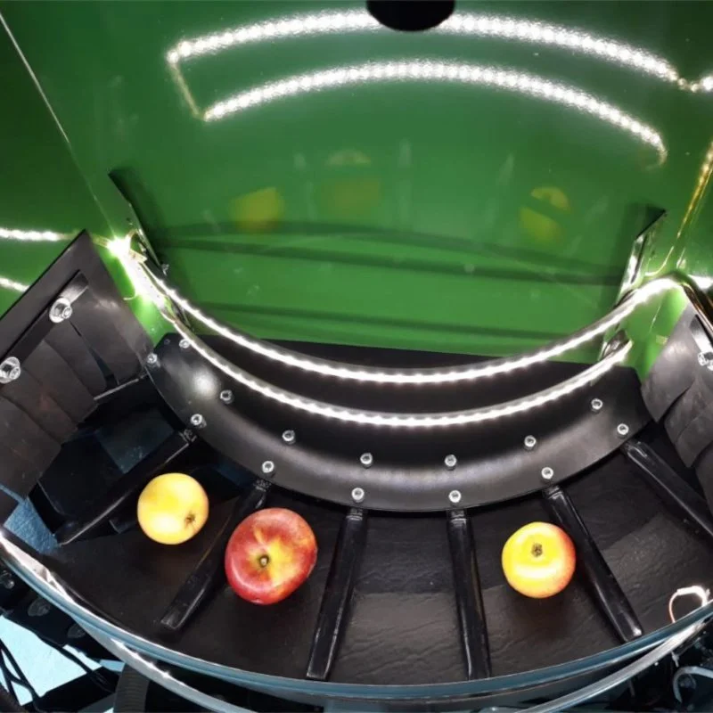 An Apple sorting or handling device with three apples on a black conveyor belt, and a green reflective surface above with bright LED lights reflecting.